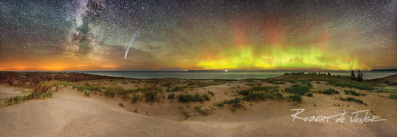 Comet Neowise and the aurora borealis at Sleeping Bear Point