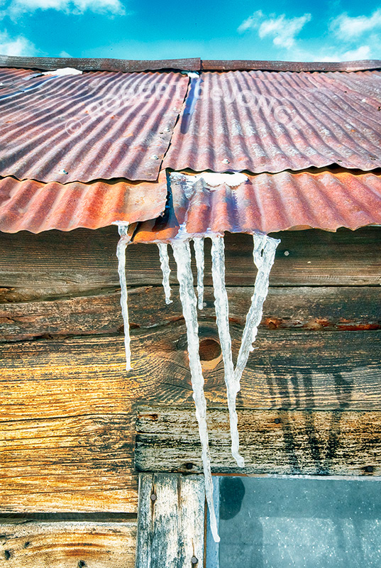icicles, metal roof, Ole Olsen Farm, Port Oneida, rust, corrugated