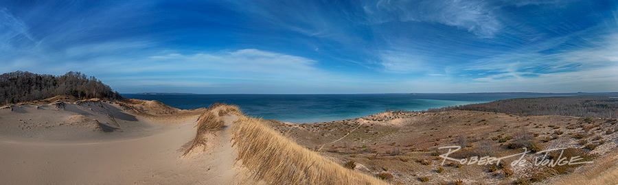 a Panorama of a dune blowout and Good Harbor Bay from atop the dune just east of Pyramid Point