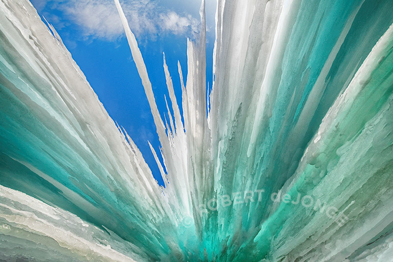 Ice cave, room, seeping water, frozen, minerals, Grand Island, limestone, Munising, Michigan, Lake Superior, sky