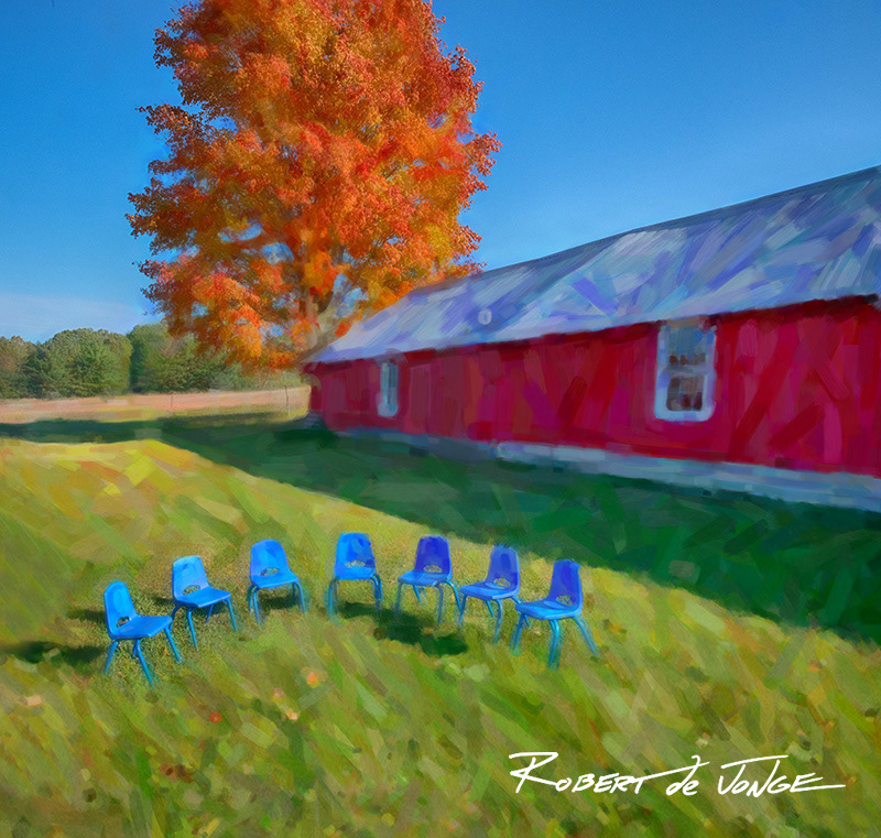 A semi circle of seven blue chairs — Autumn — Port Oneida