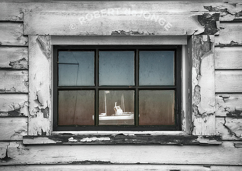 Window, model boat, life-saving service, Coast guard, peeling paint, Black and white