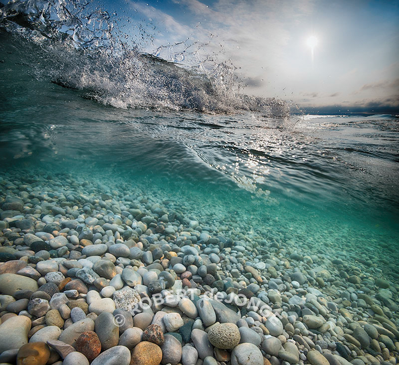 Underwater, Stones, wave break, sunshine, morning