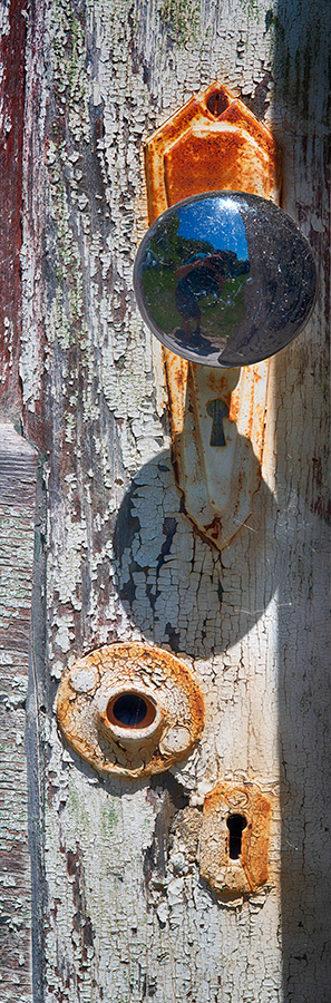 Doorknob, Keyhole, peeling paint, farmhouse, rust, Port Oneida, Sleeping Bear Dunes