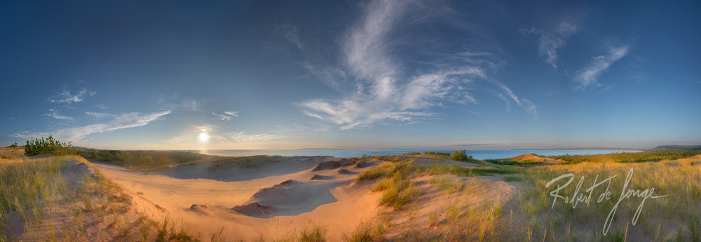 A Panorama of Sleeping Bear Point in the evening • EveningPanoSkyEarthComboClean6b