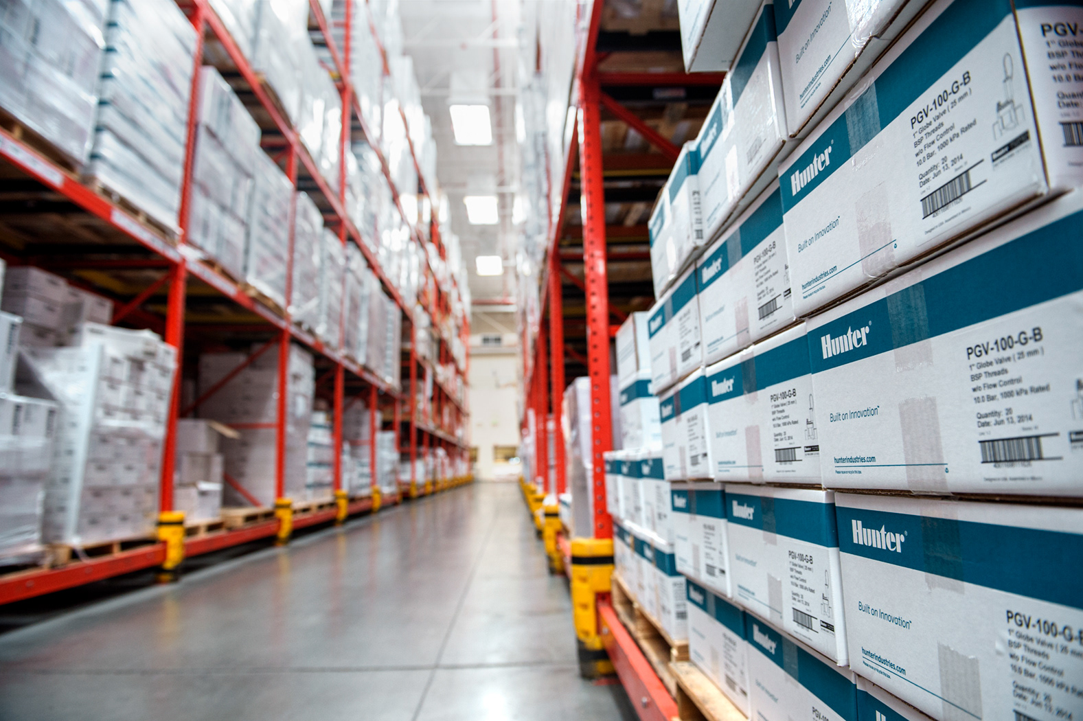 Hunter Blue Box packaging proudly displayed in the Hunter Industries Warehouse