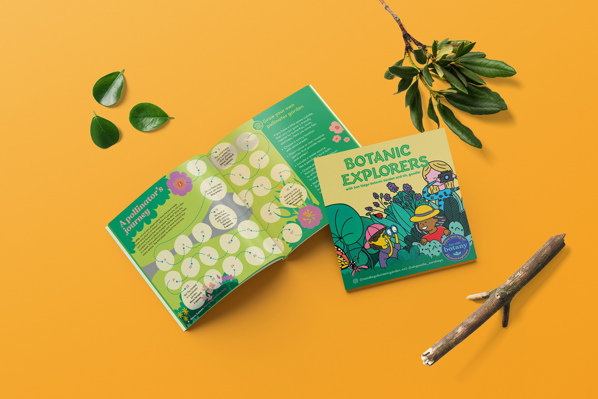 A pollinator's journey board game. Client, San Diego Botanic Garden. Illustration and design by Abby Miller.