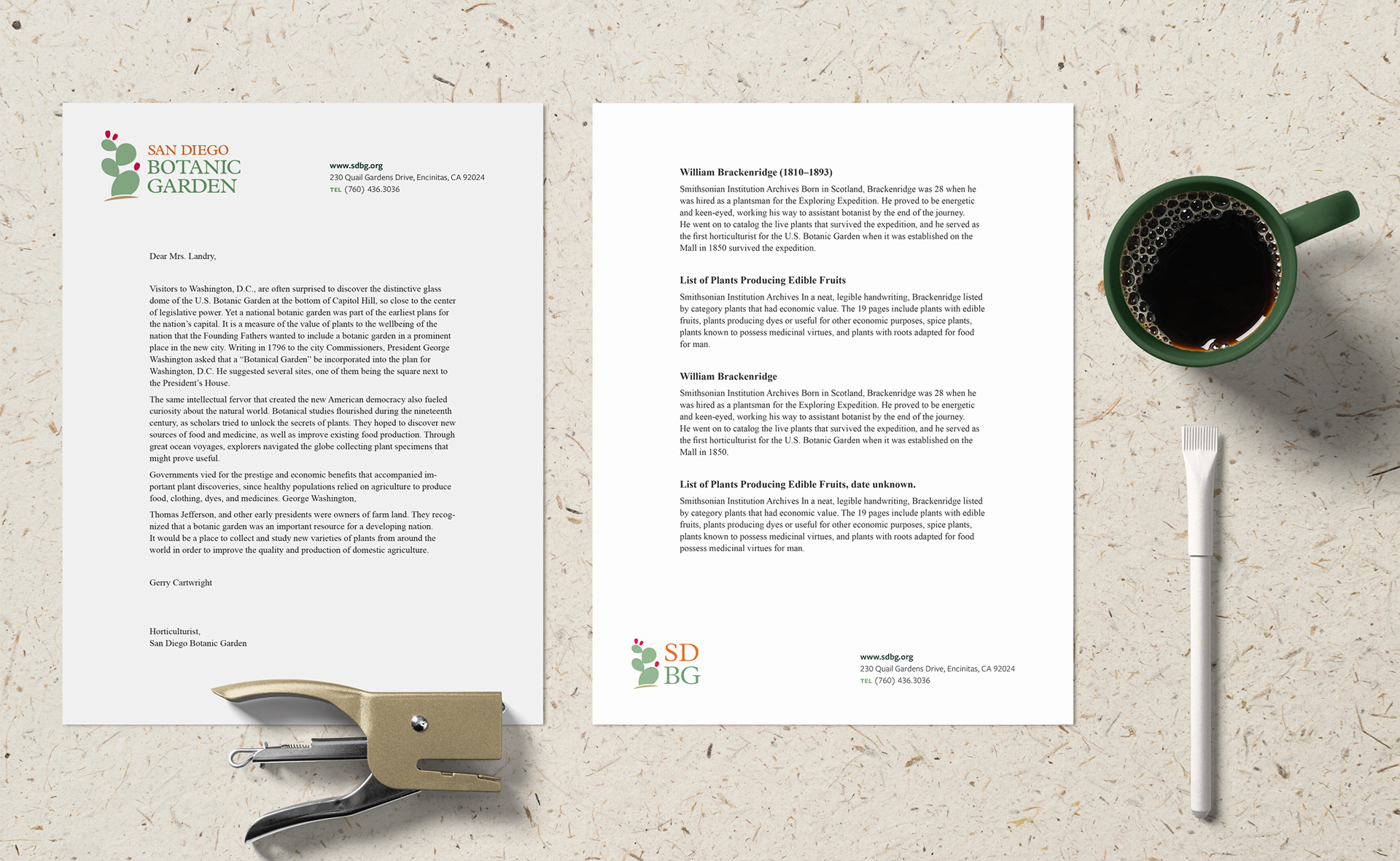 San Diego Botanic Garden letterhead mockup