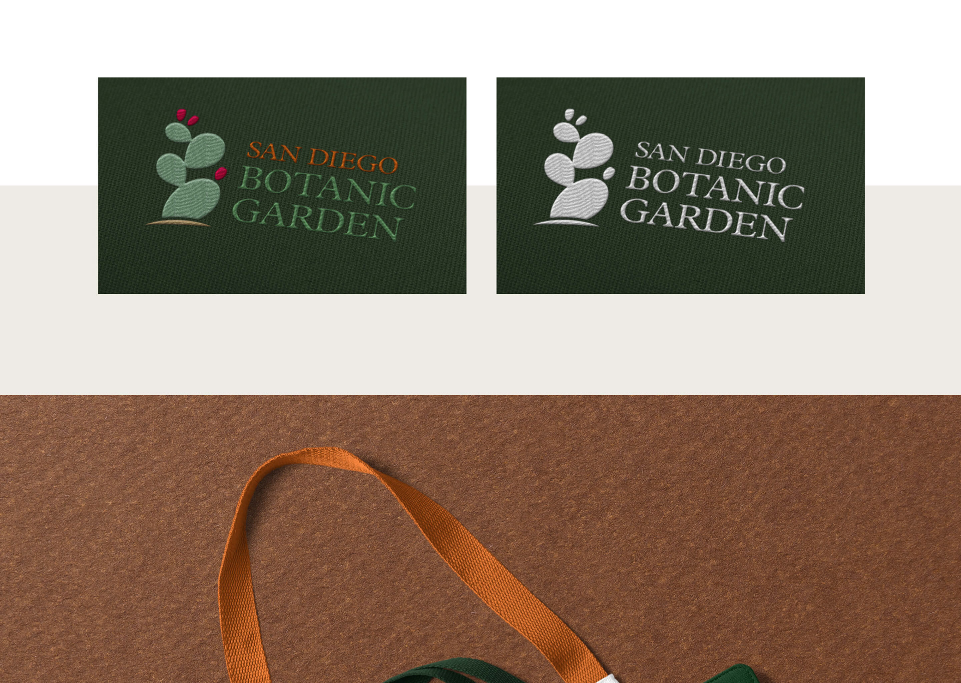 San Diego Botanic Garden logo embroidered on shirts (image to the left is the full-color version. To the right is the white logo on a dark green shirt).