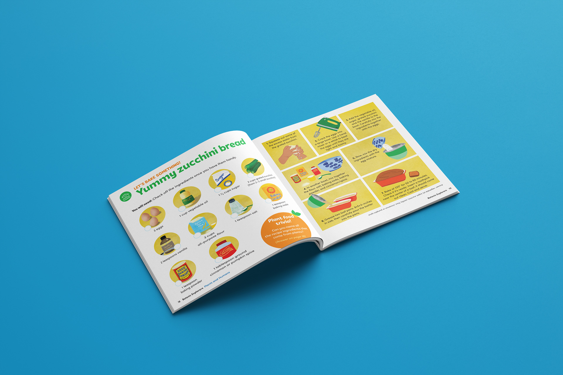 Zucchini bread recipe in Botanic Explorers activity book for kids. Client, San Diego Botanic Garden. Illustration and design by Abby Miller.