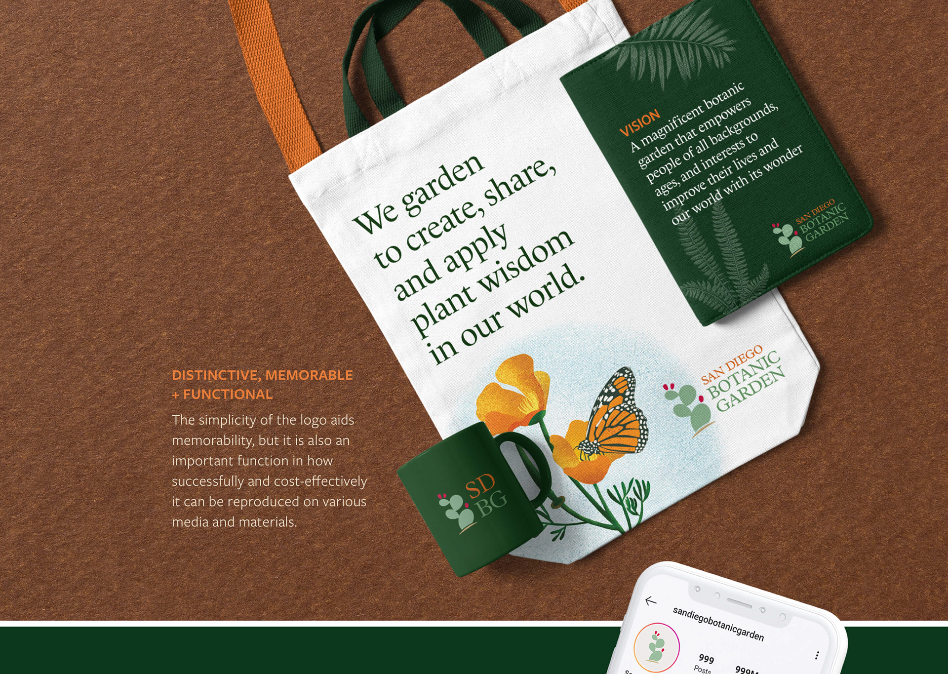 The San Diego Botanic Garden logo appears on a canvas bag, a ceramic mug, and a notebook.