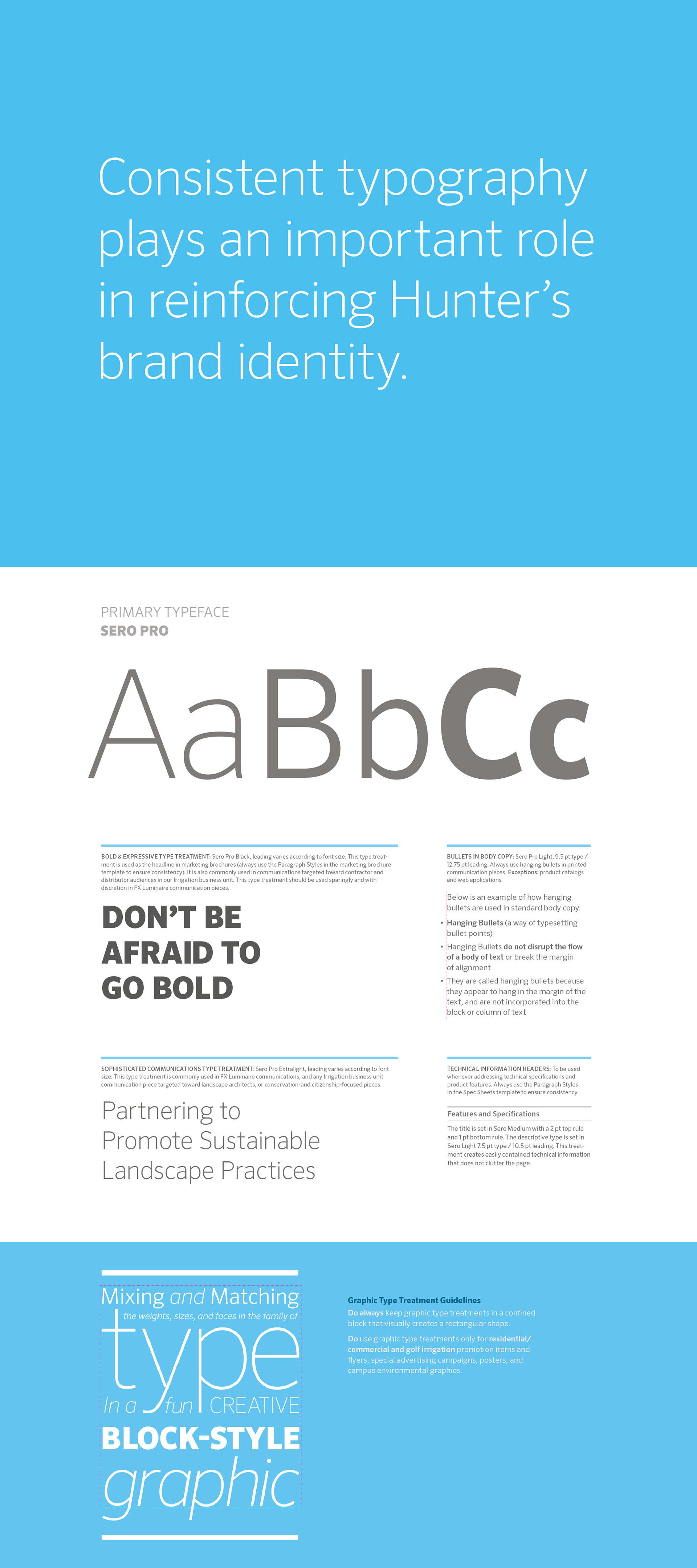 Text against light blue background reads: " Consistent typography plays an important role in reinforcing Hunter's brand identity."