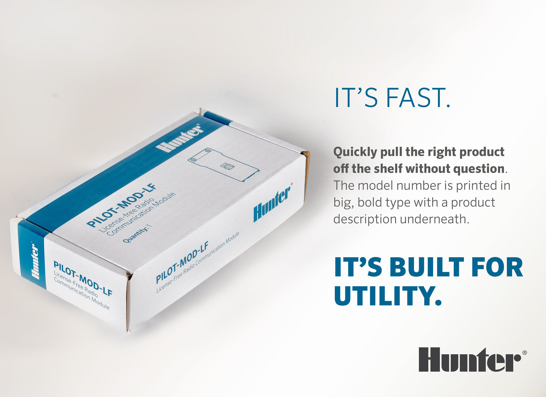 Hunter Industries B2B product packaging has the model number boldly displayed so distributors can pull the right product quickly and easily off the shelf.
