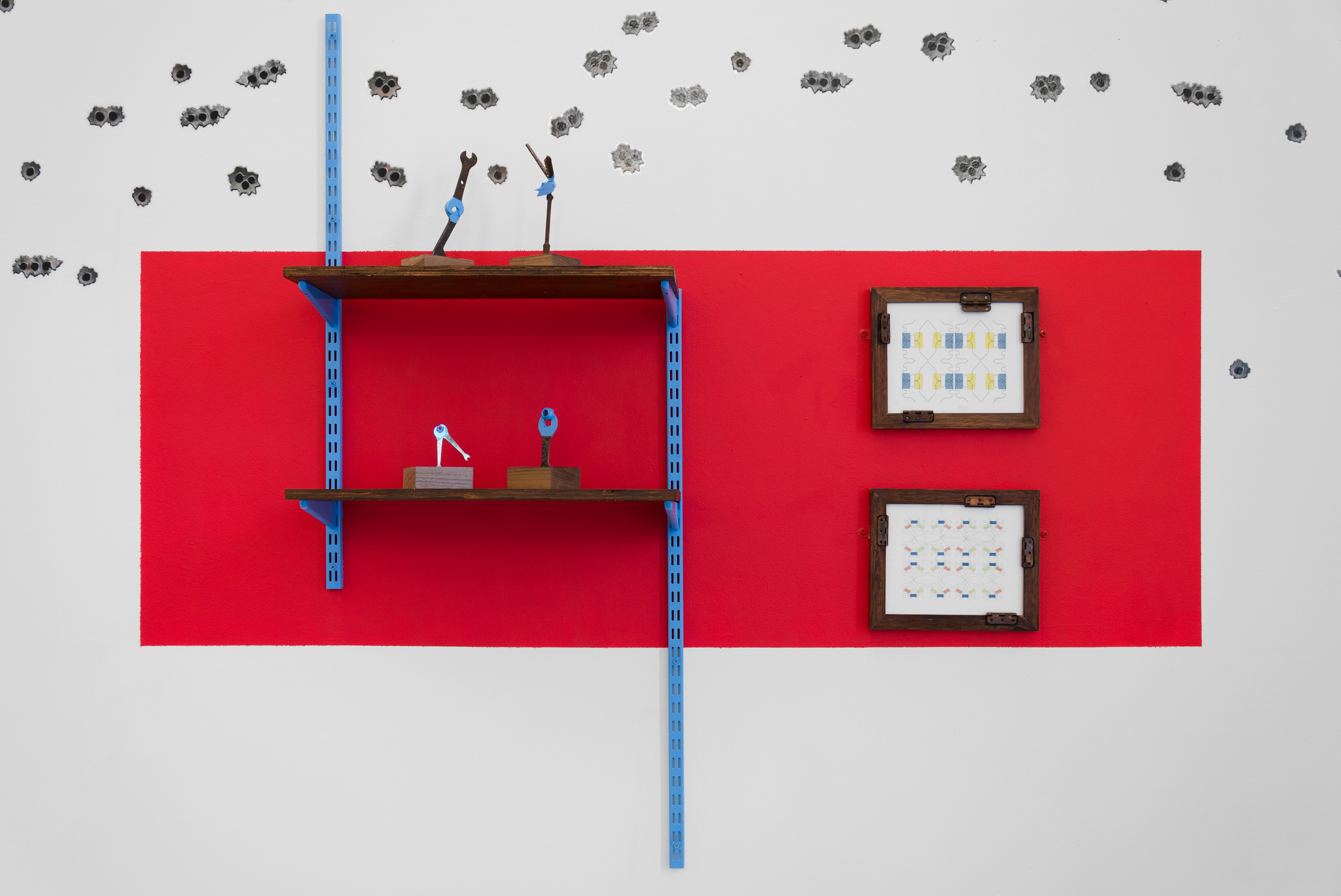 Tangent; Aphra O’Connor, 2014; scaffolding poles, plywood, spanners, walnut, veneer frames, hinges, colour prints, metal brackets, enamel; 213 × 213 × 183cm