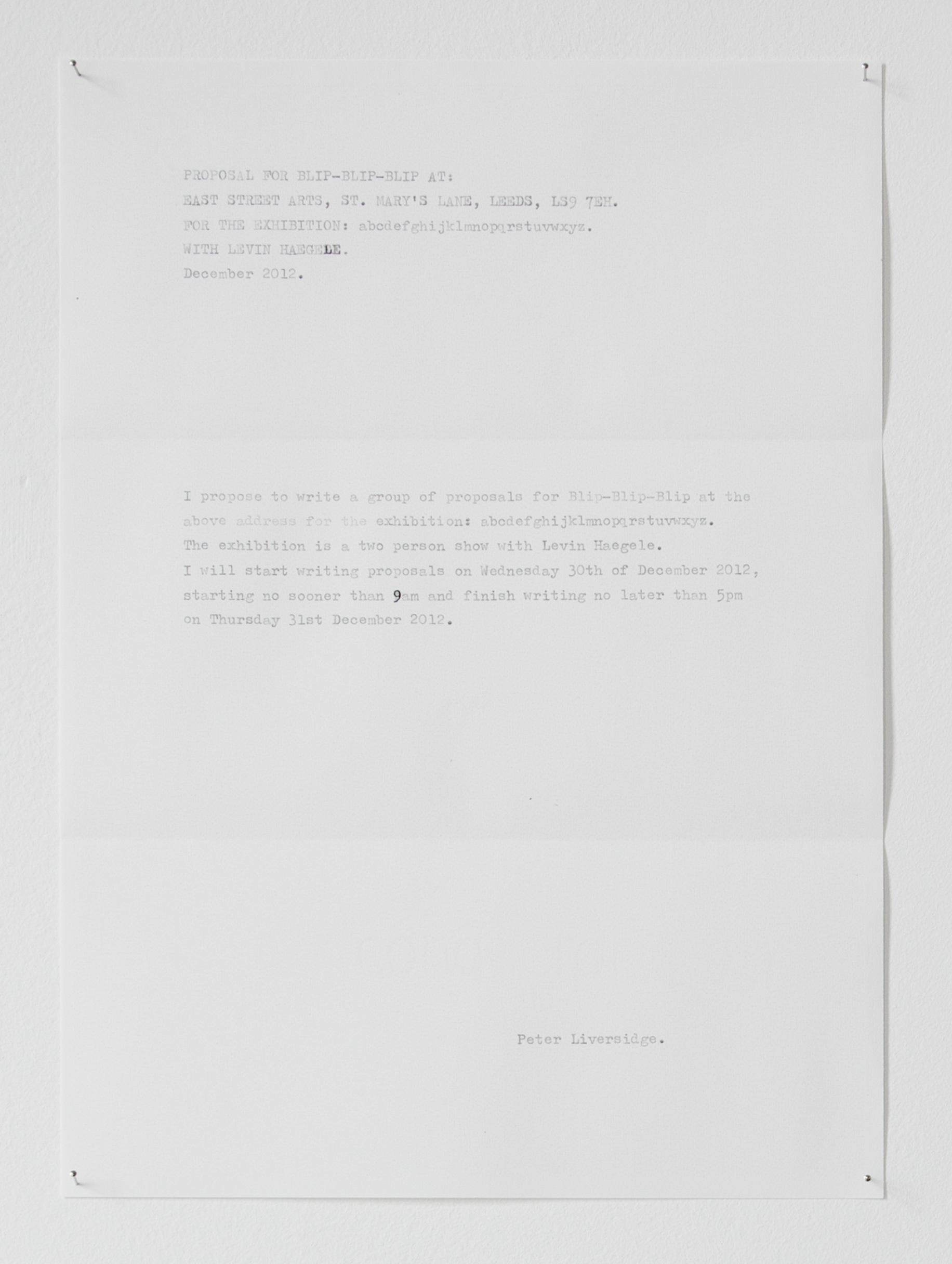 Proposals for blip blip blip; Peter Liversidge, 2012; photocopies, dress maker's pins, blu-tac; 9.7 × 21cm [x8] 