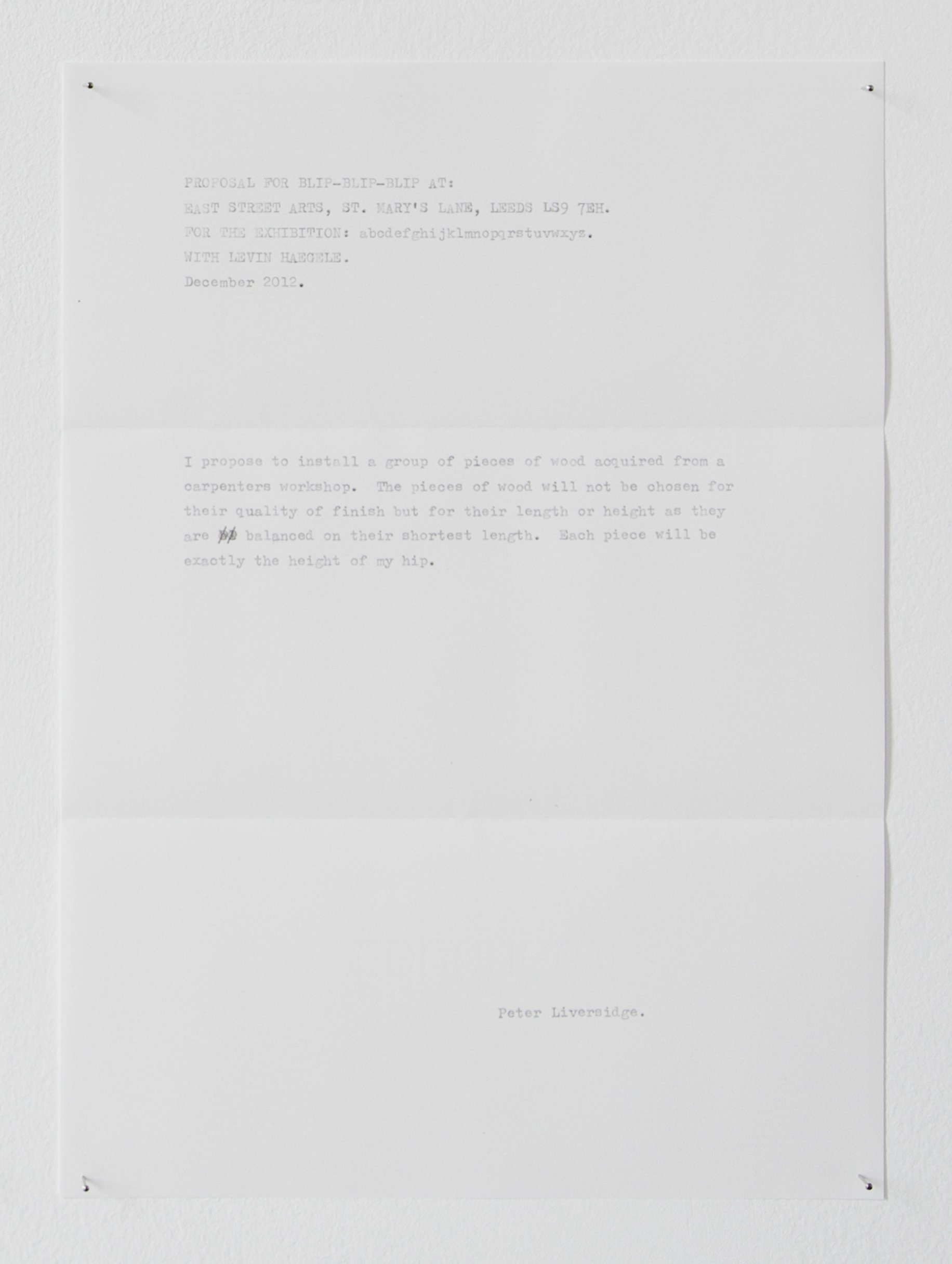 Proposals for blip blip blip; Peter Liversidge, 2012; photocopies, dress maker's pins, blu-tac; 9.7 × 21cm [x8] 