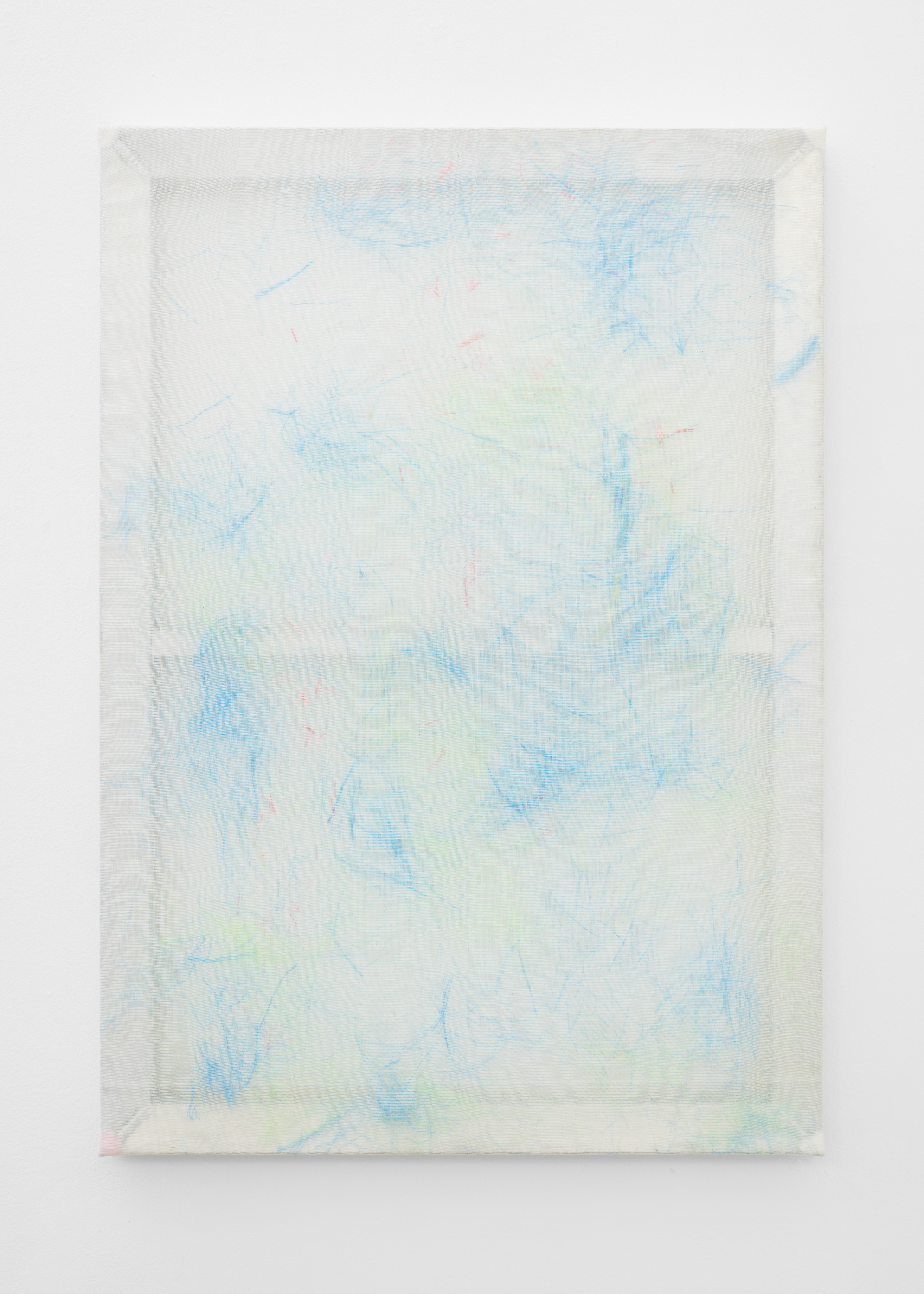 Feather Duster Painting; May Hands, 2014; aluminium stretcher, polythene, scrim, ink, chopped feather duster and cotton wool; 100 × 70cm