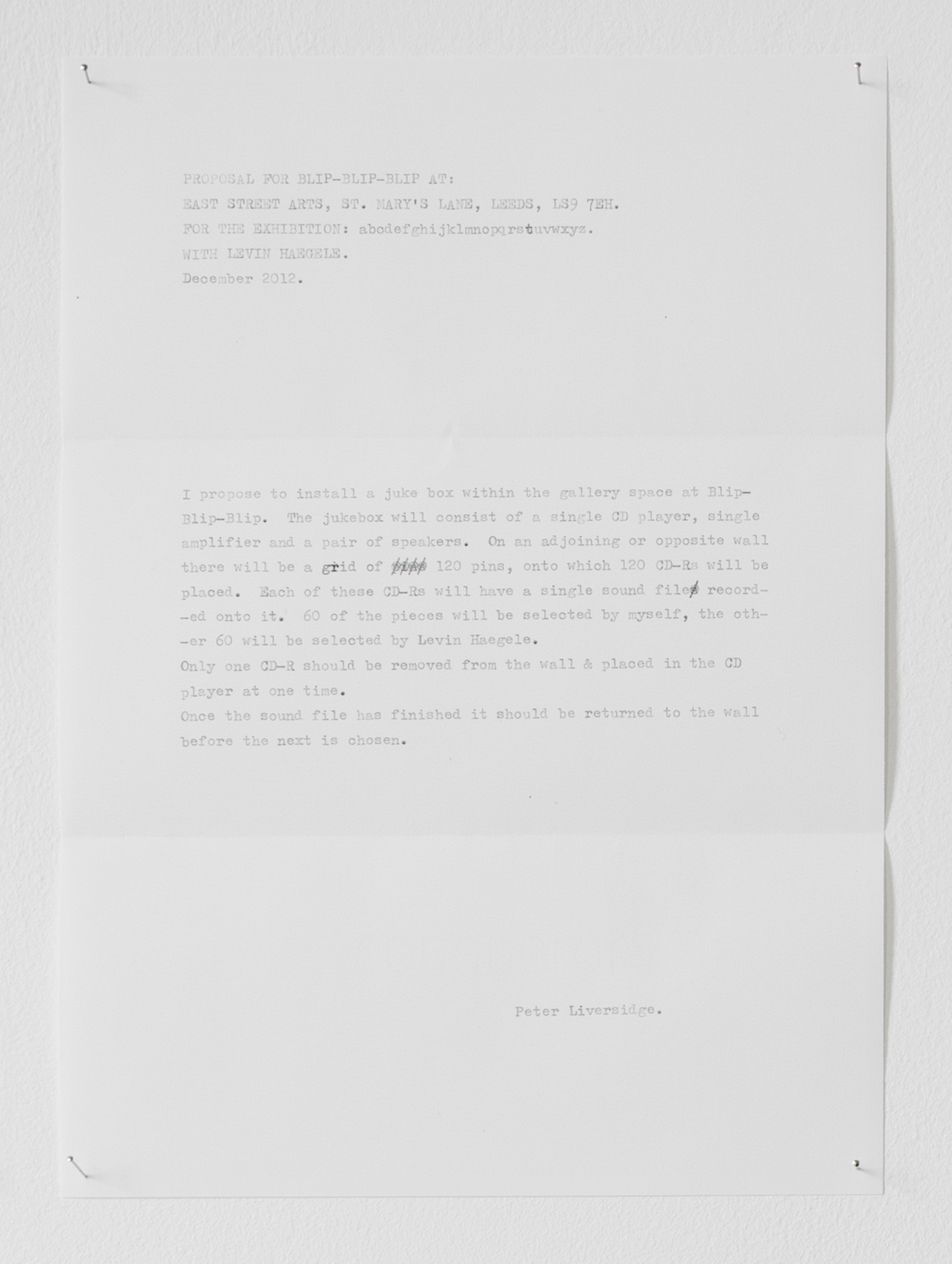 Proposals for blip blip blip; Peter Liversidge, 2012; photocopies, dress maker's pins, blu-tac; 9.7 × 21cm [x8] 