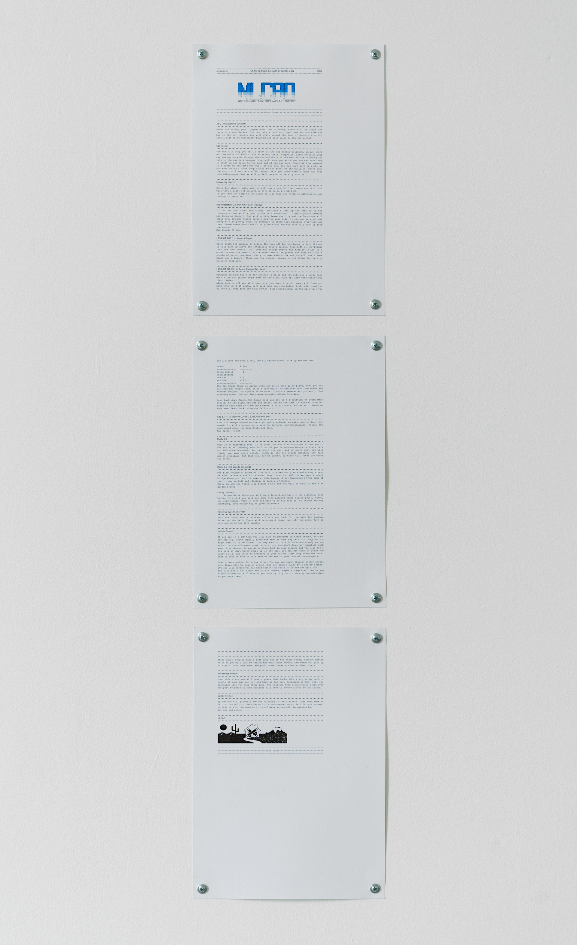 Directions to the NLCAO; Isaac Clarke and Lindsay McMillan, 2013; Laserjet print on A4 paper; 29.7 × 21cm [×3]