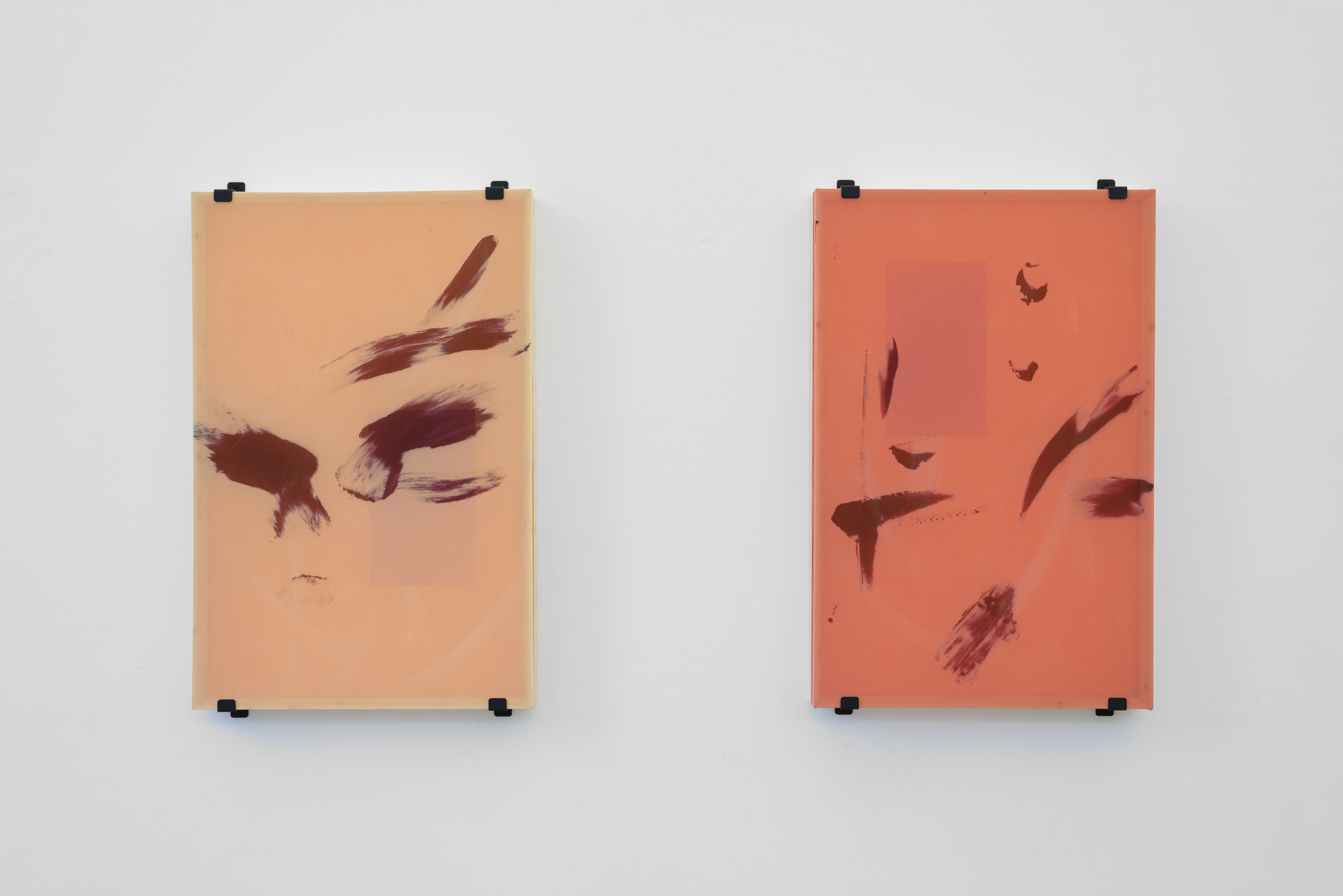 Under the thumb (diptych); Grace Woodcock, 2016; oil on board and printed fabric; 85 × 55.5 × 10cm [×2]