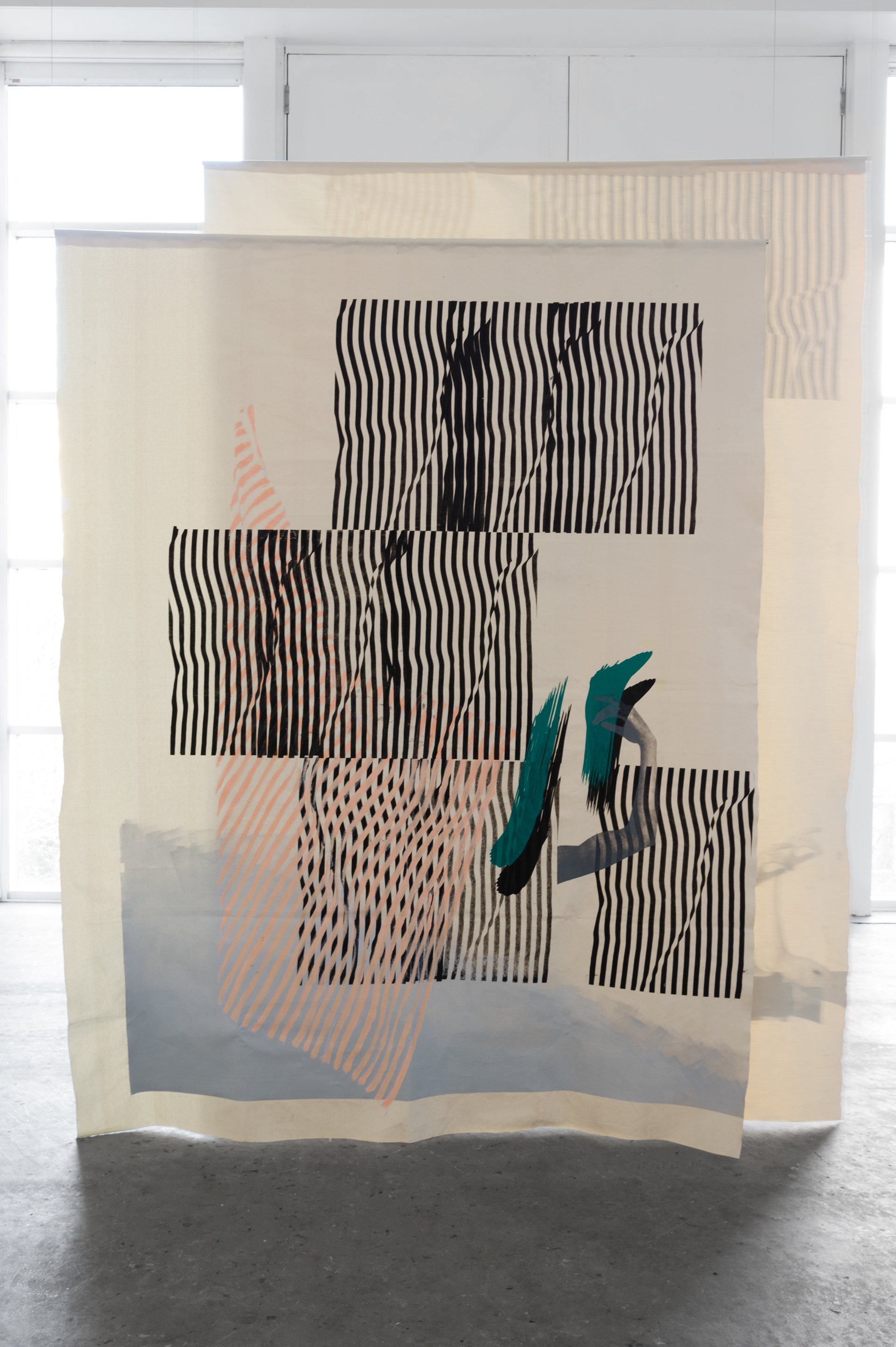 Eyes have no pulse I; Fay Nicolson, 2015; Screen print and acrylic on canvas, steel bar; 263 × 180cm