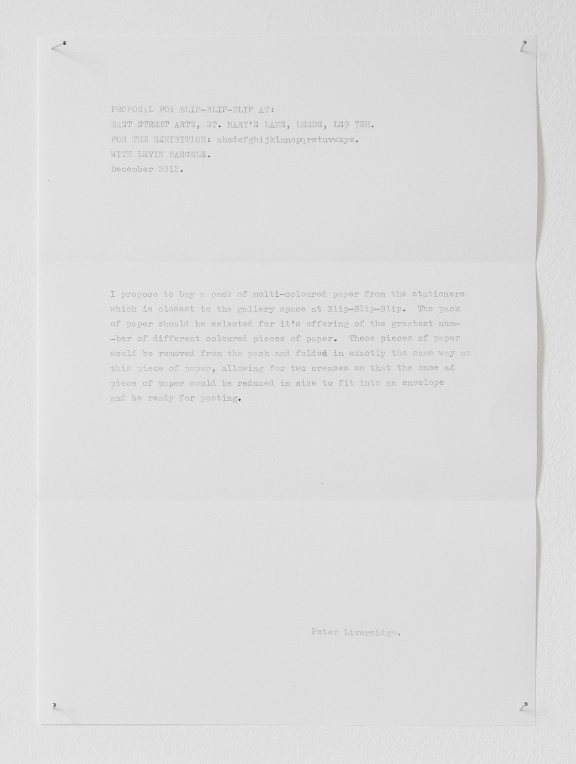 Proposals for blip blip blip; Peter Liversidge, 2012; photocopies, dress maker's pins, blu-tac; 9.7 × 21cm [x8] 