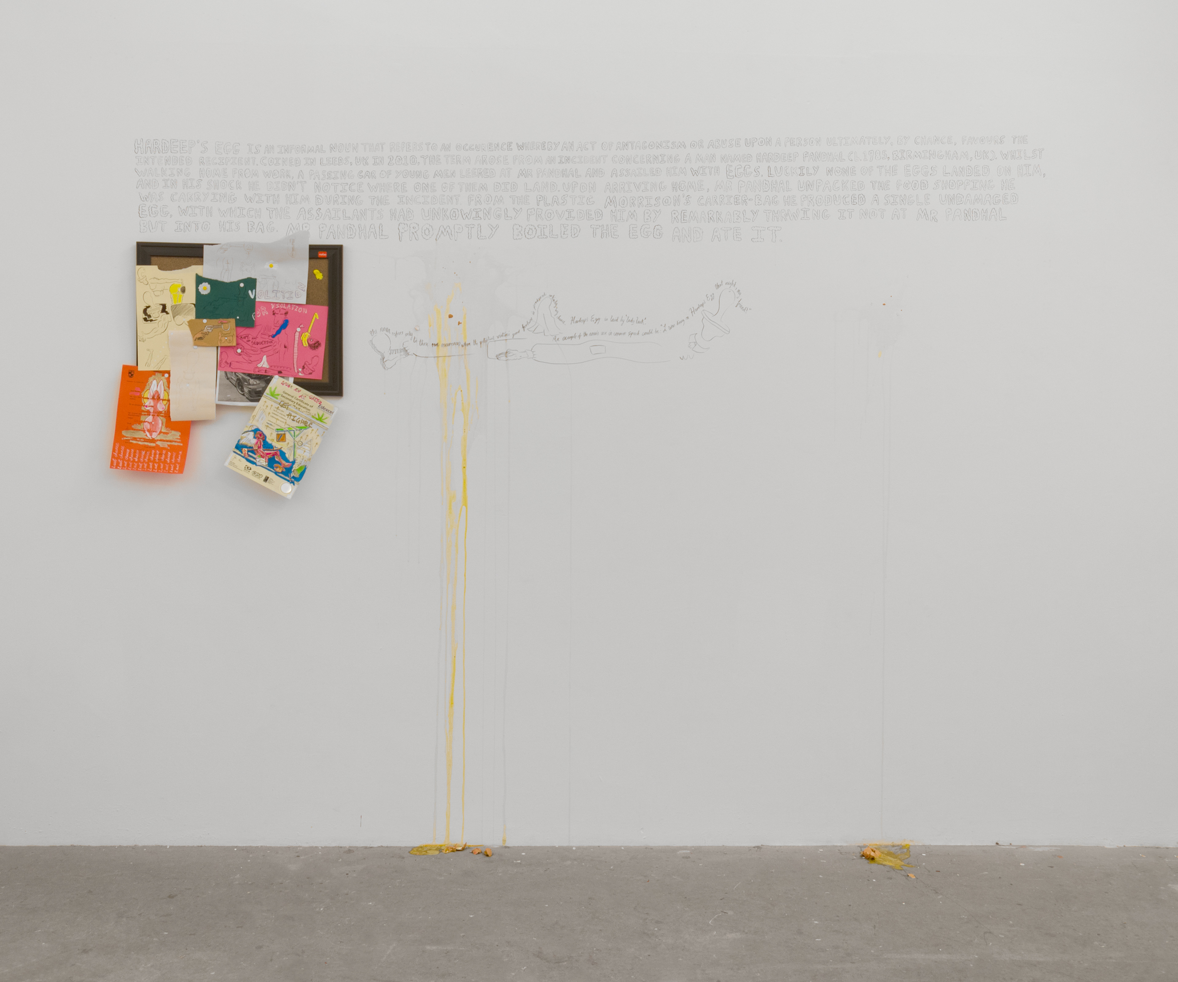 Hardeep’s Egg; 2013; Definition of the informal noun ‘Hardeep’s Egg’, ink, gouache, graphite, paper, NOBO notice board, free-range eggs (medium); Dimensions variable