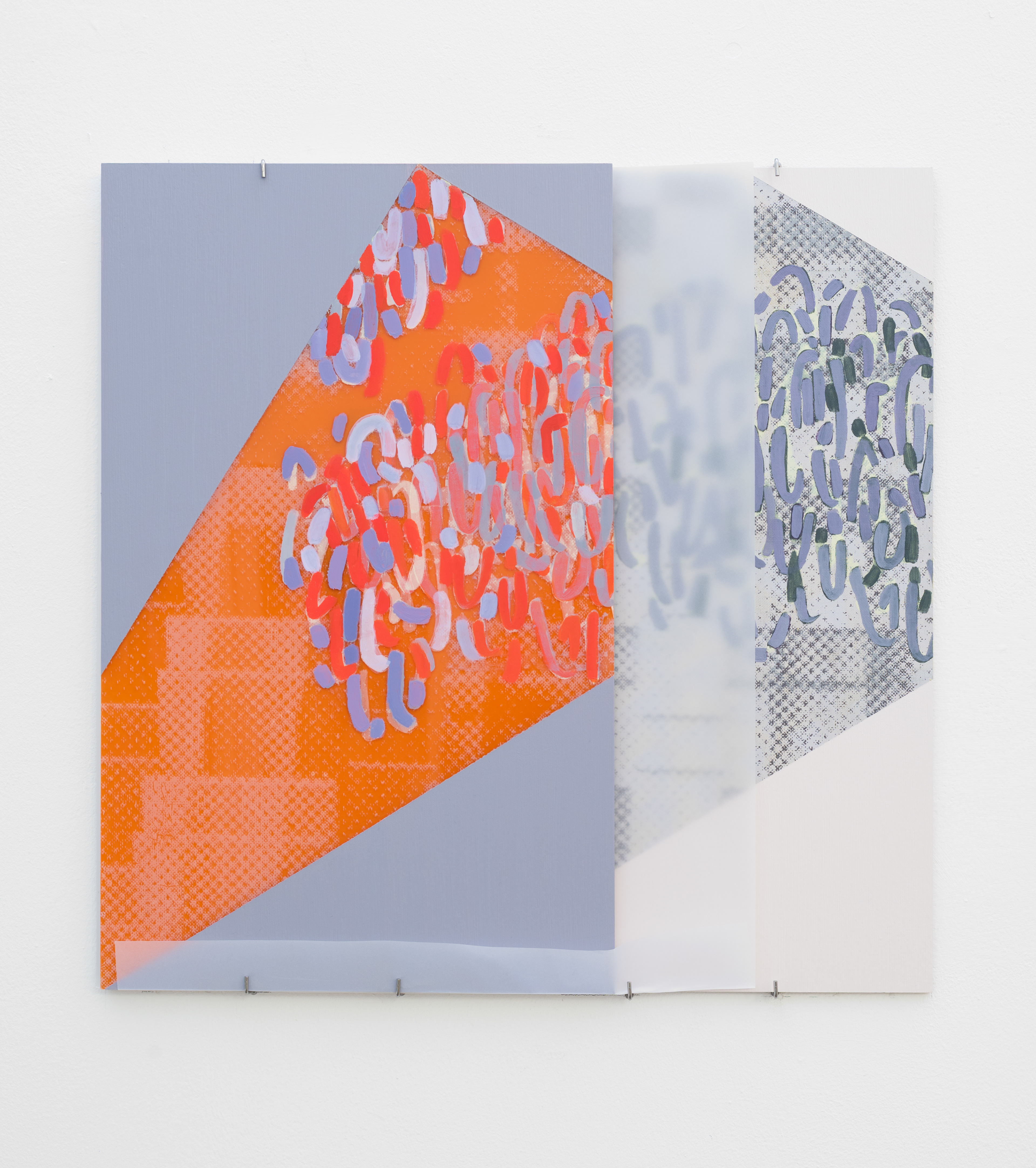 the world is round - block landscape 1; Moyra Derby, 2016; acrylic on double sided plywood and acrylic hinged panels; 55 × 55cm + 55 × 34cm [55 × 55cm when folded]