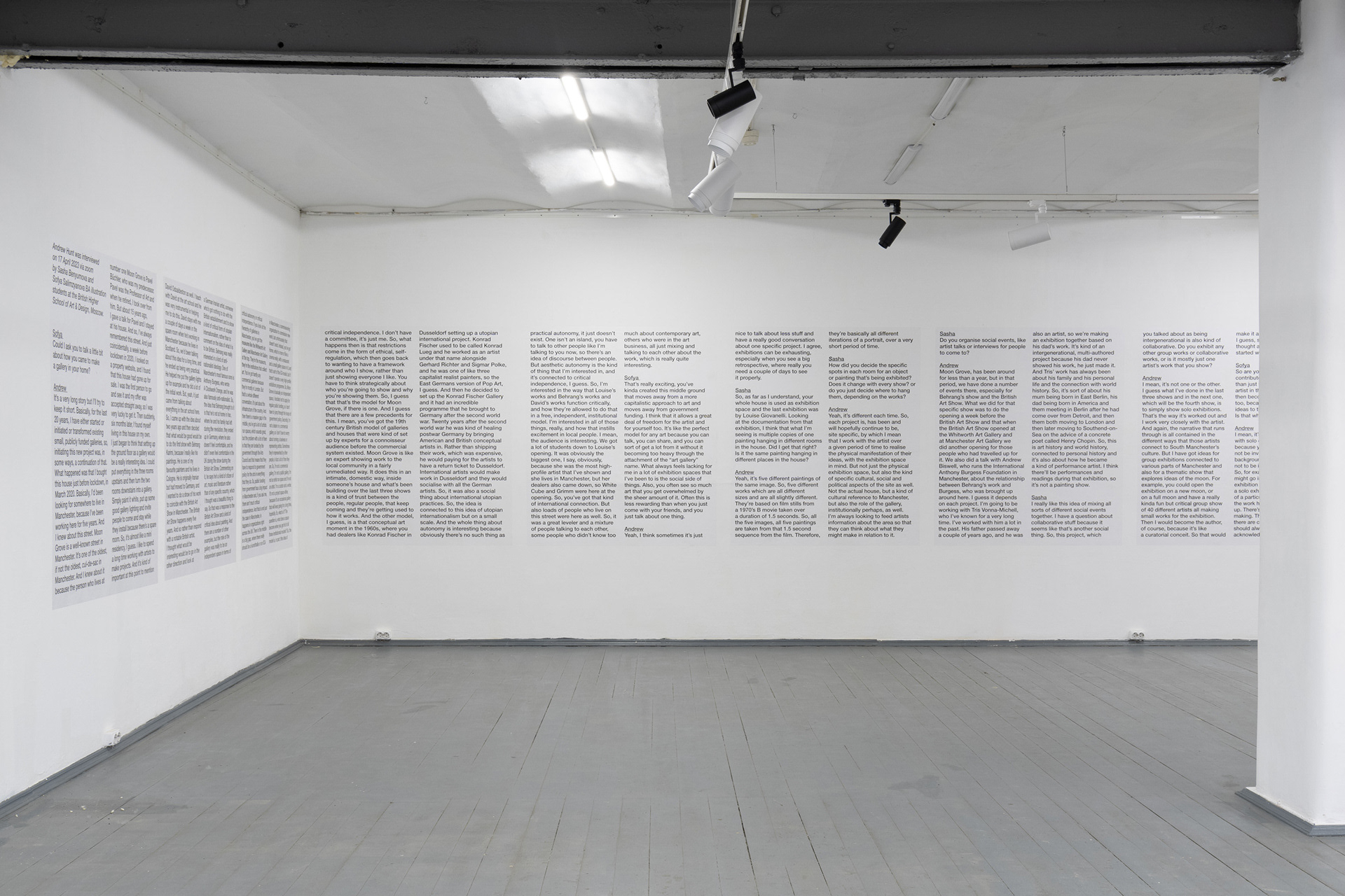 Moon Grove interview with Andrew Hunt (transcript); Sasha Benyumova & Sonya Salimzyanova, 2023; vinyl; 1410 × 150cm