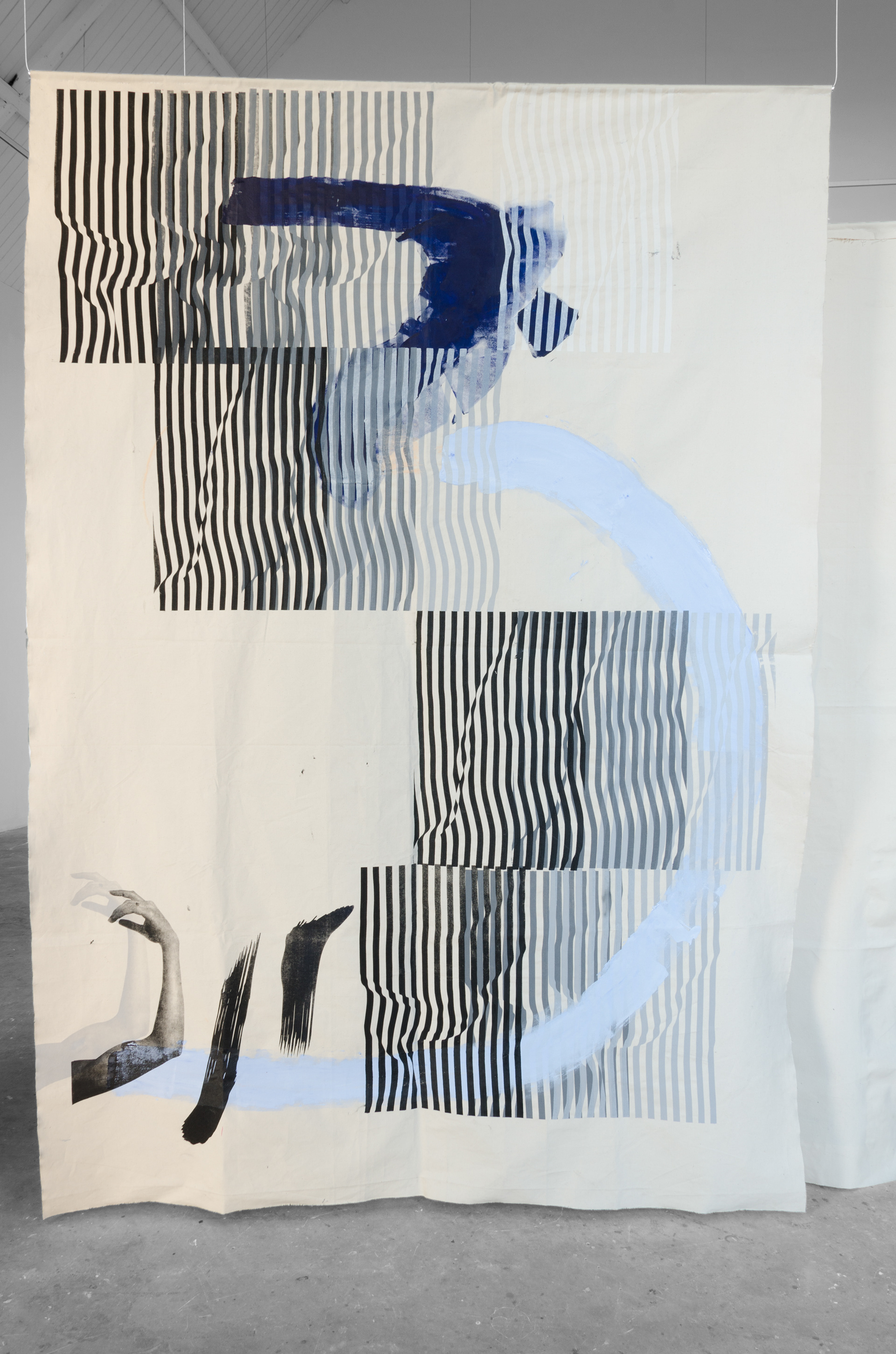 Eyes have no pulse II; Fay Nicolson, 2015; Screen print, pastel and acrylic on canvas, steel bar; 236 × 184cm