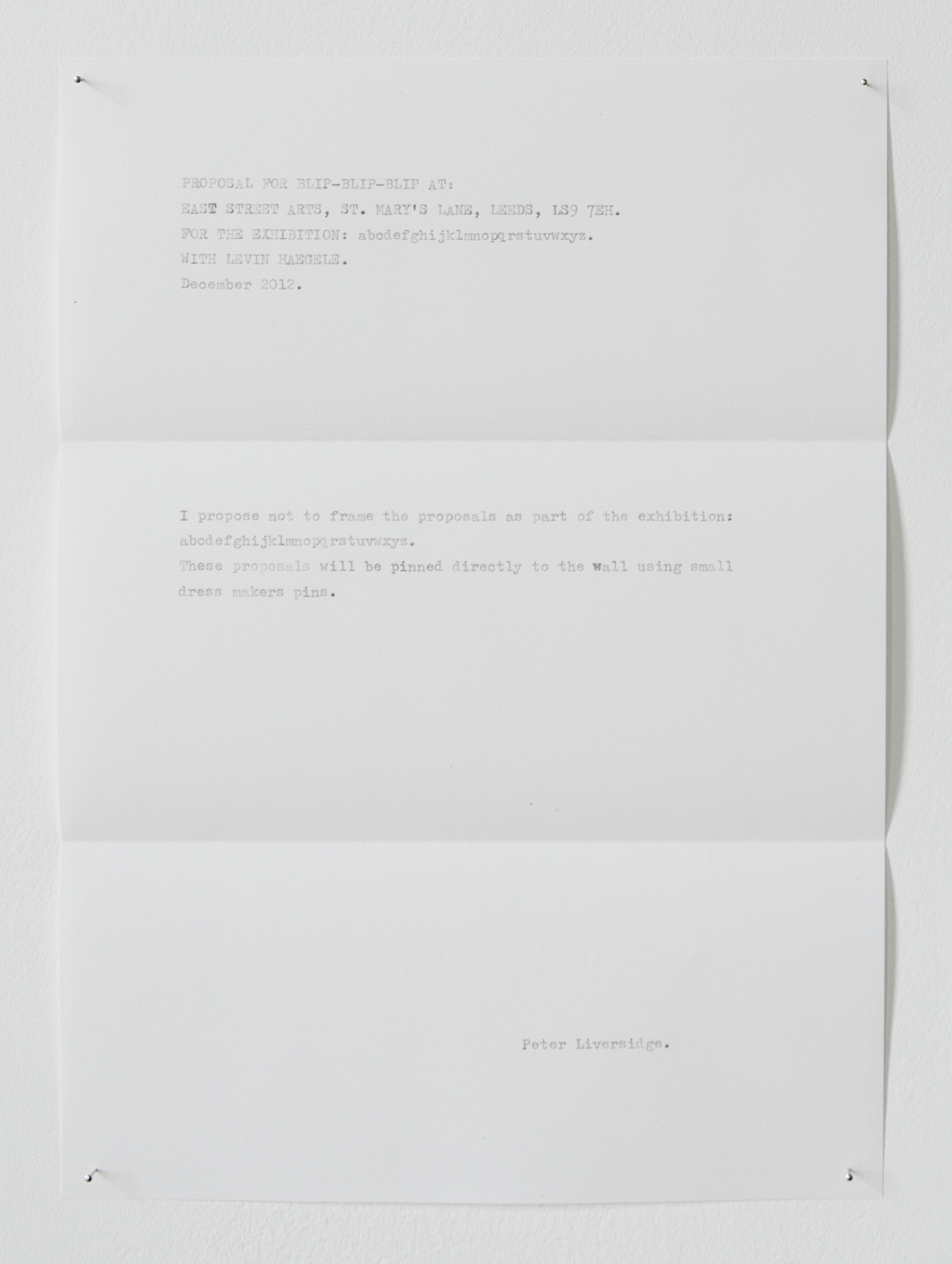 Proposals for blip blip blip; Peter Liversidge, 2012; photocopies, dress maker's pins, blu-tac; 9.7 × 21cm [x8] 