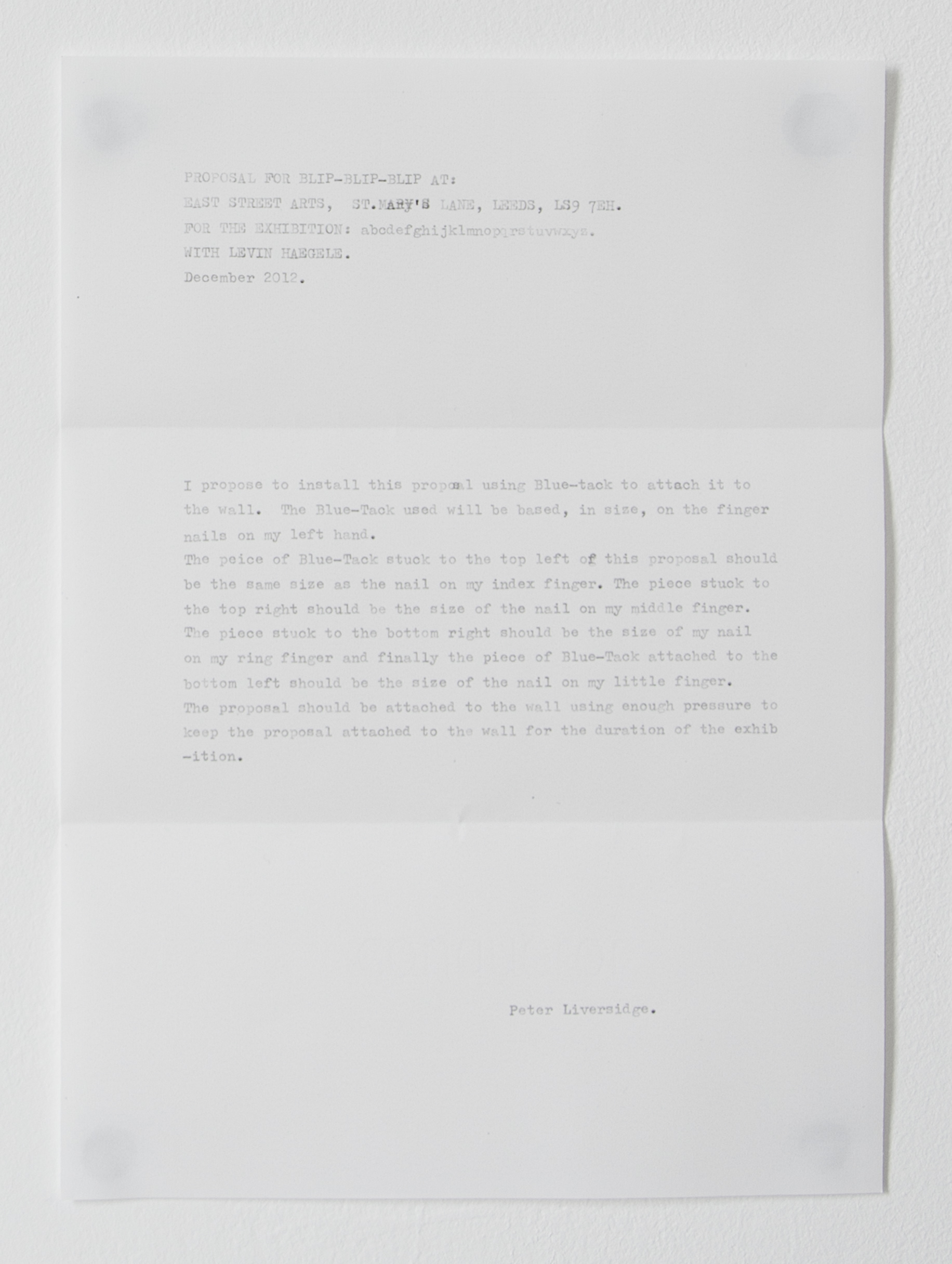 Proposals for blip blip blip; Peter Liversidge, 2012; photocopies, dress maker's pins, blu-tac; 9.7 × 21cm [x8] 