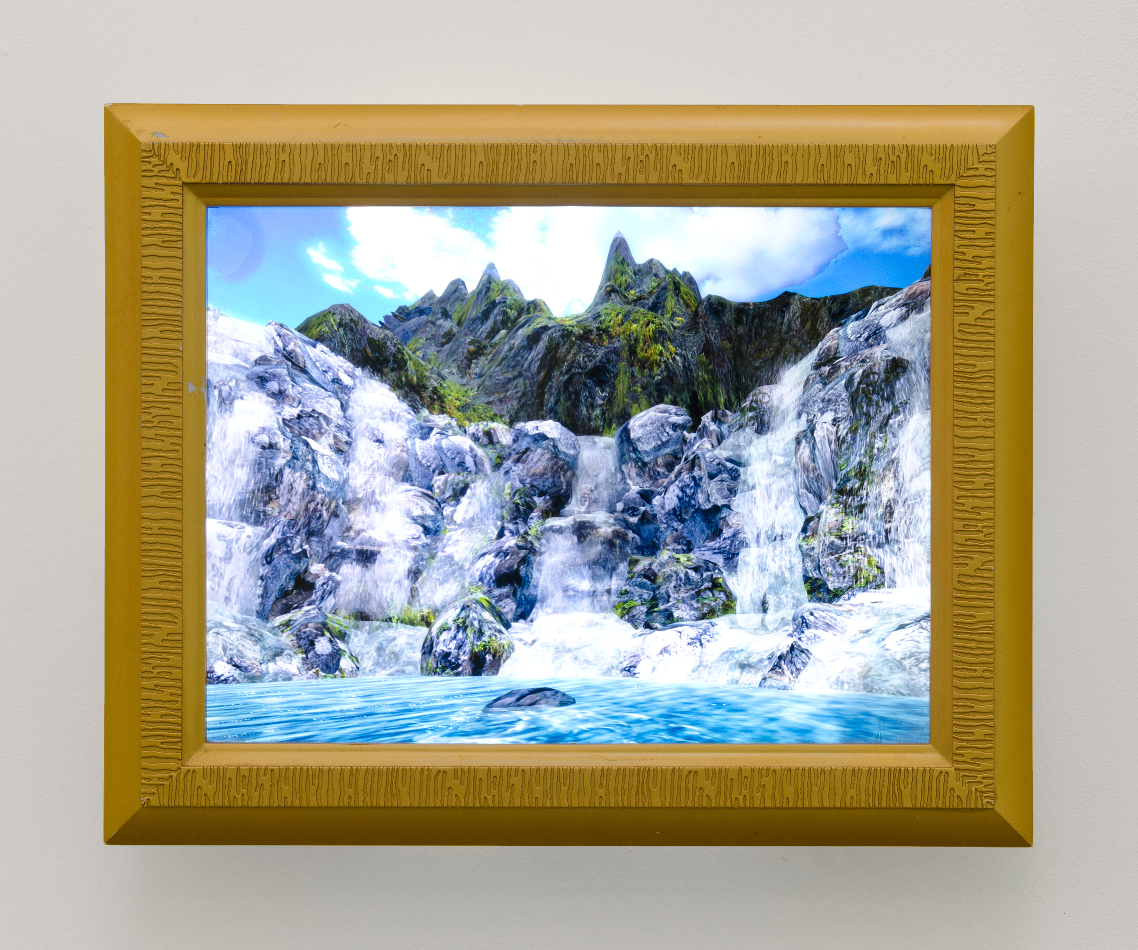 Thunder Horse shoe Waterfall Location, Quiet Thunder (156,146,21) price 11,000 linden dollars; Andy Healy, 2013; Lightbox; 33 × 42 × 8cm
