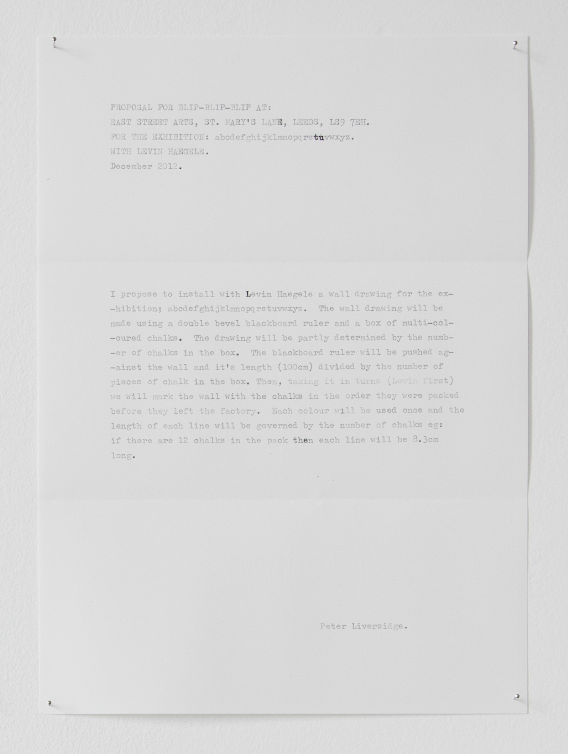 Proposals for blip blip blip; Peter Liversidge, 2012; photocopies, dress maker's pins, blu-tac; 9.7 × 21cm [x8] 