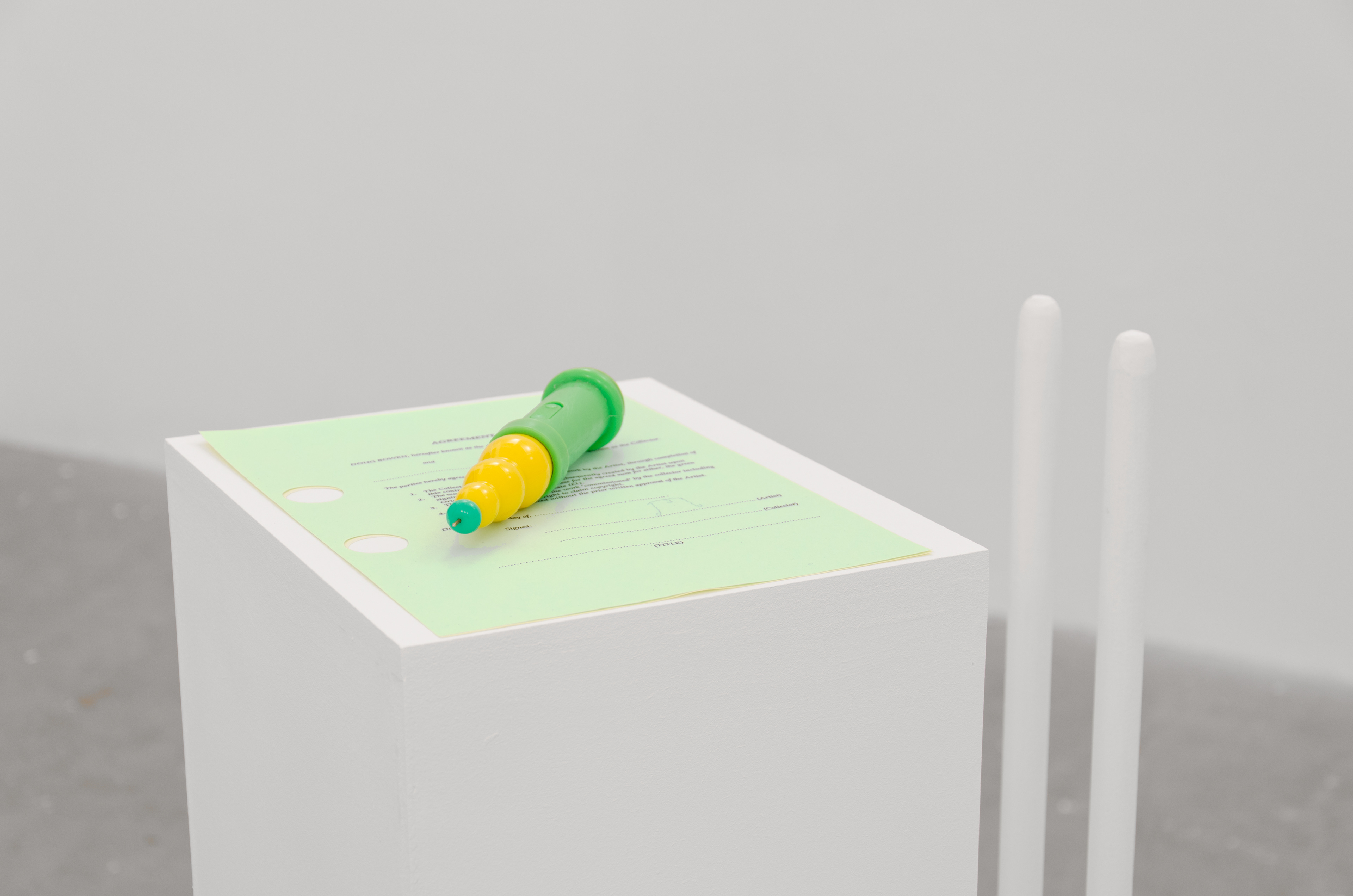 '...............................................................................' currently: The Terror of the Shaky Hand by Lisa Le Feuvre; Doug Bowen, 2012 - ongoing; green and yellow duplication paper, authorised CPS contract with 'Parliamentary' font, wiggle writer; dimensions variable
