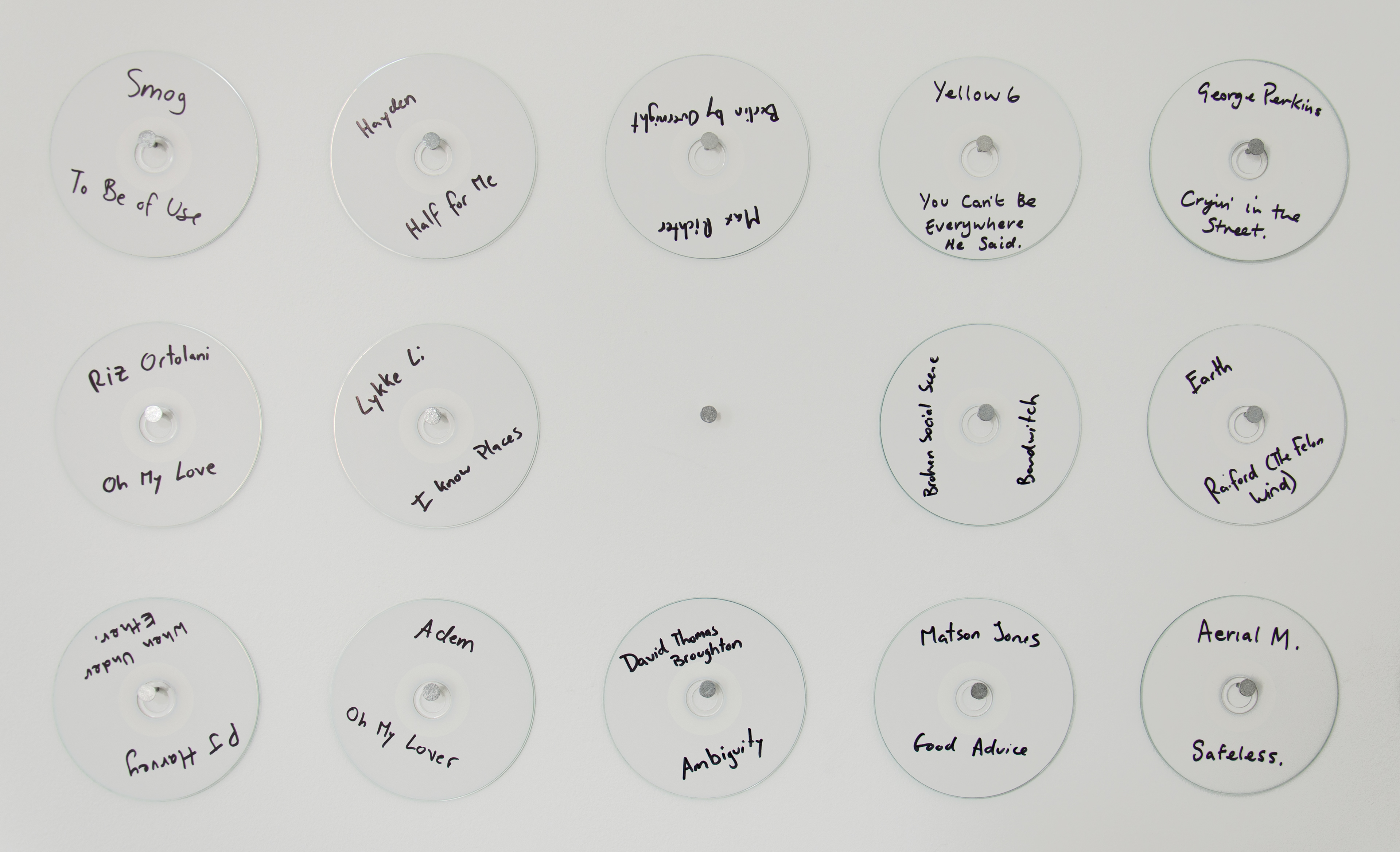 Proposal No.3 Jukebox; Levin Haegele and Peter Liversidge, 2012–2013; 126 single track CD-Rs, amplifier, CD player, speakers; dimensions variable
