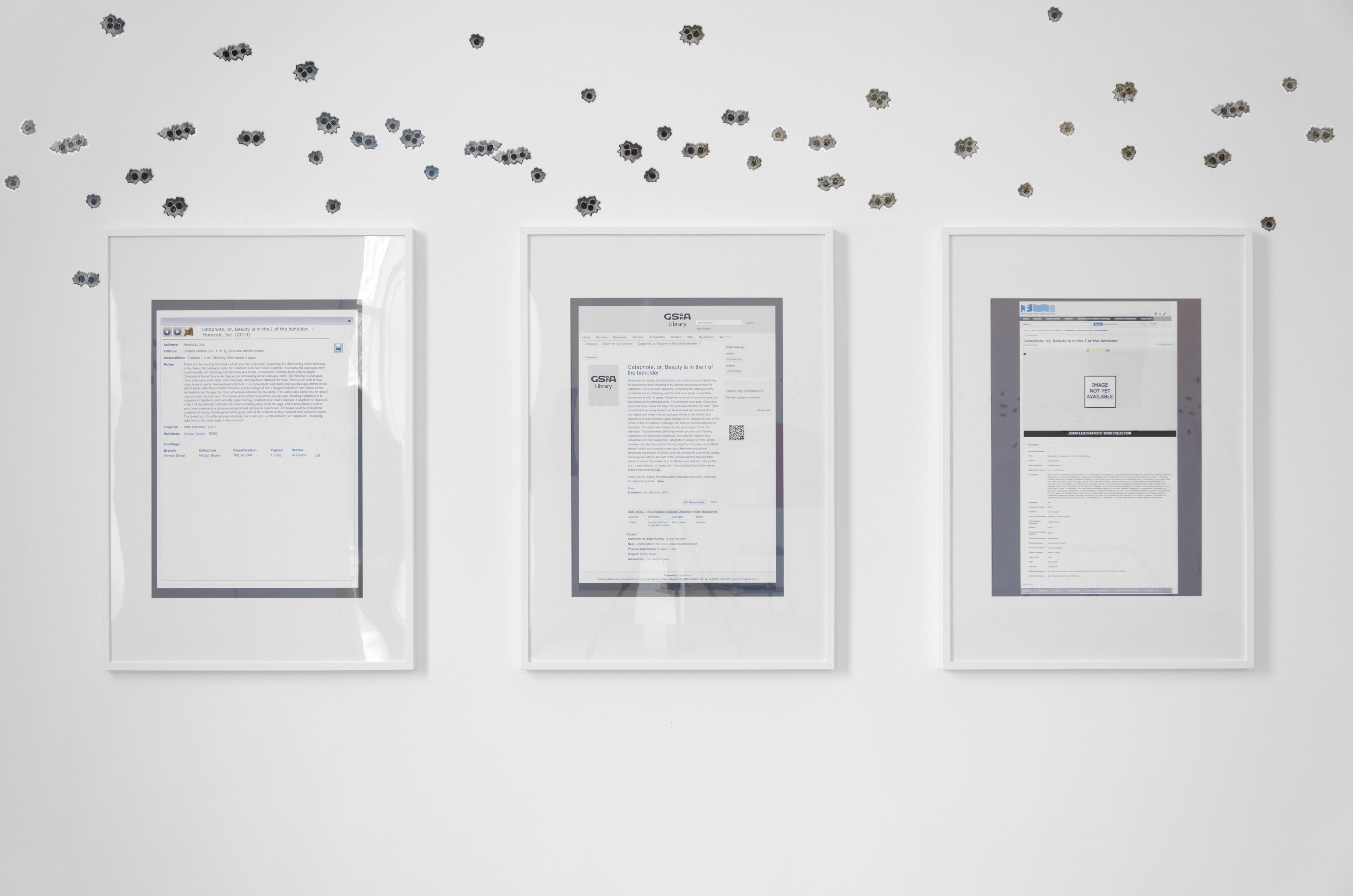 Cataphote, or, Beauty is in the I of the Beholder (editions 1, 2 & 3); Joe Hancock, 2013-14; text, library catalogue data, digital inkjet print on archival paper; 100 × 70 cm [×3]