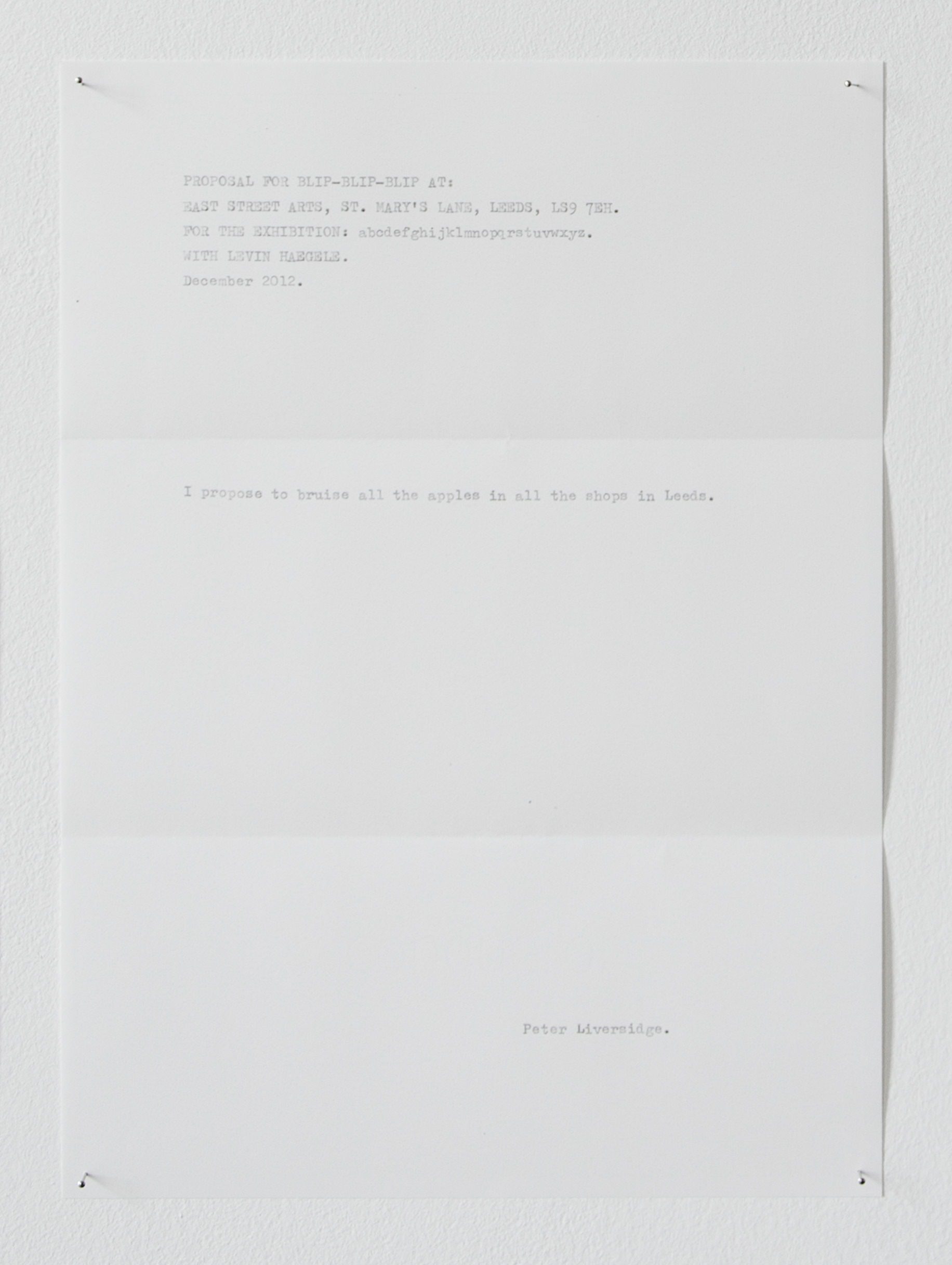 Proposals for blip blip blip; Peter Liversidge, 2012; photocopies, dress maker's pins, blu-tac; 9.7 × 21cm [x8] 