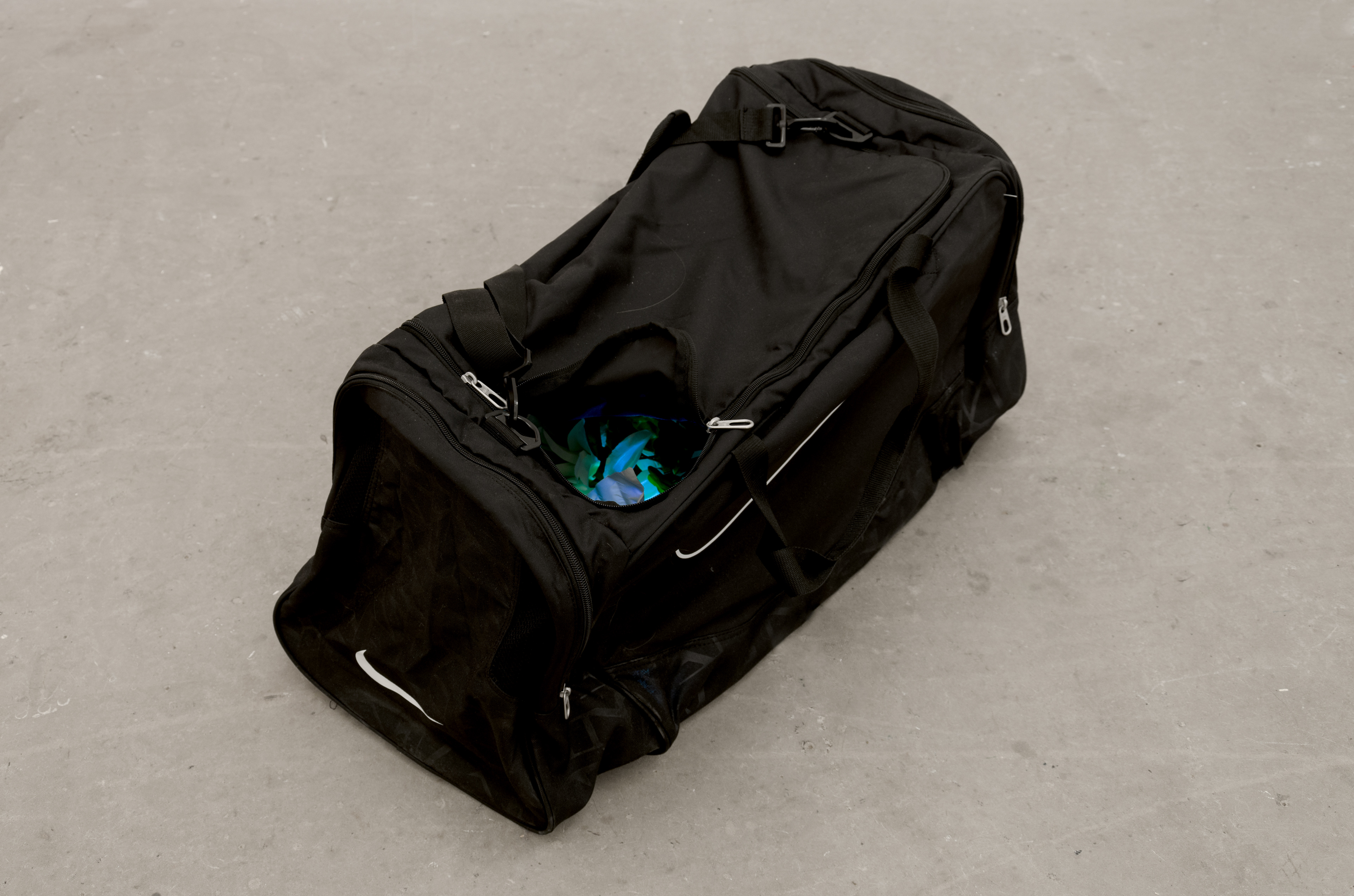 We guarantee you an afterlife; 2013; Nike holdall, UV light, acrylic flowers; 33 × 66 × 33cm