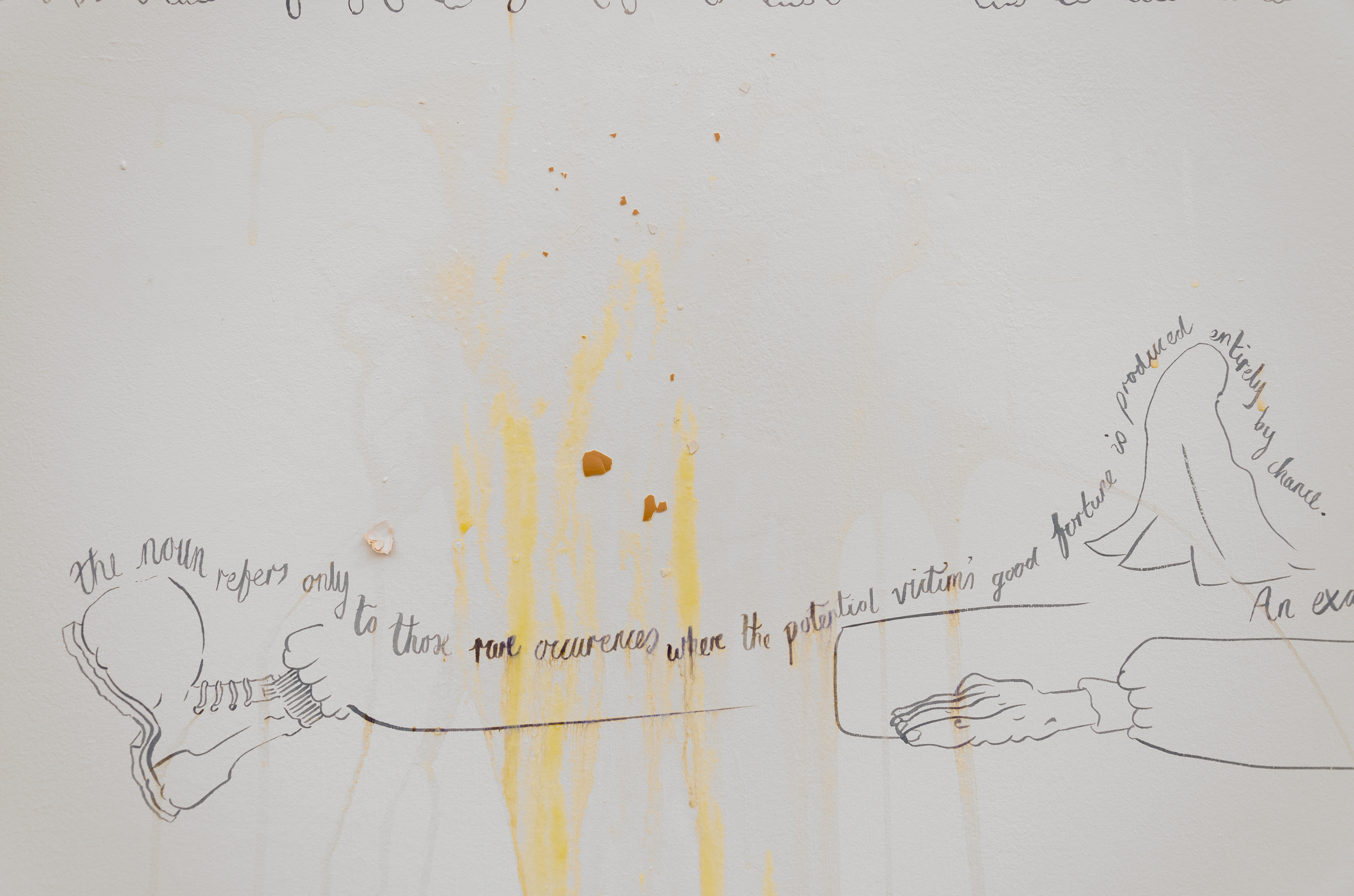 Hardeep’s Egg; 2013; Definition of the informal noun ‘Hardeep’s Egg’, ink, gouache, graphite, paper, NOBO notice board, free-range eggs (medium); Dimensions variable