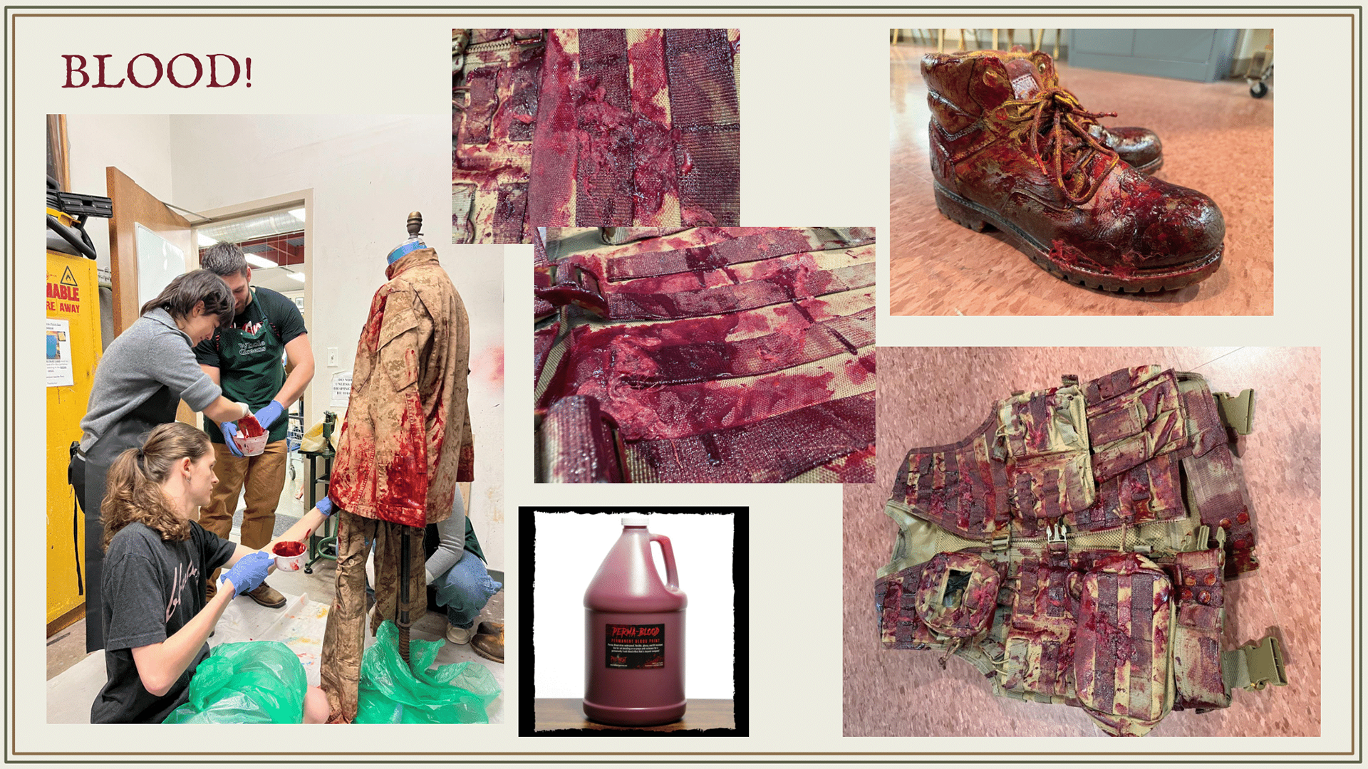 "Permablood" product used to achieve a non-transferable wet look, pulled-apart rope fibers mixed in to look like guts and innards