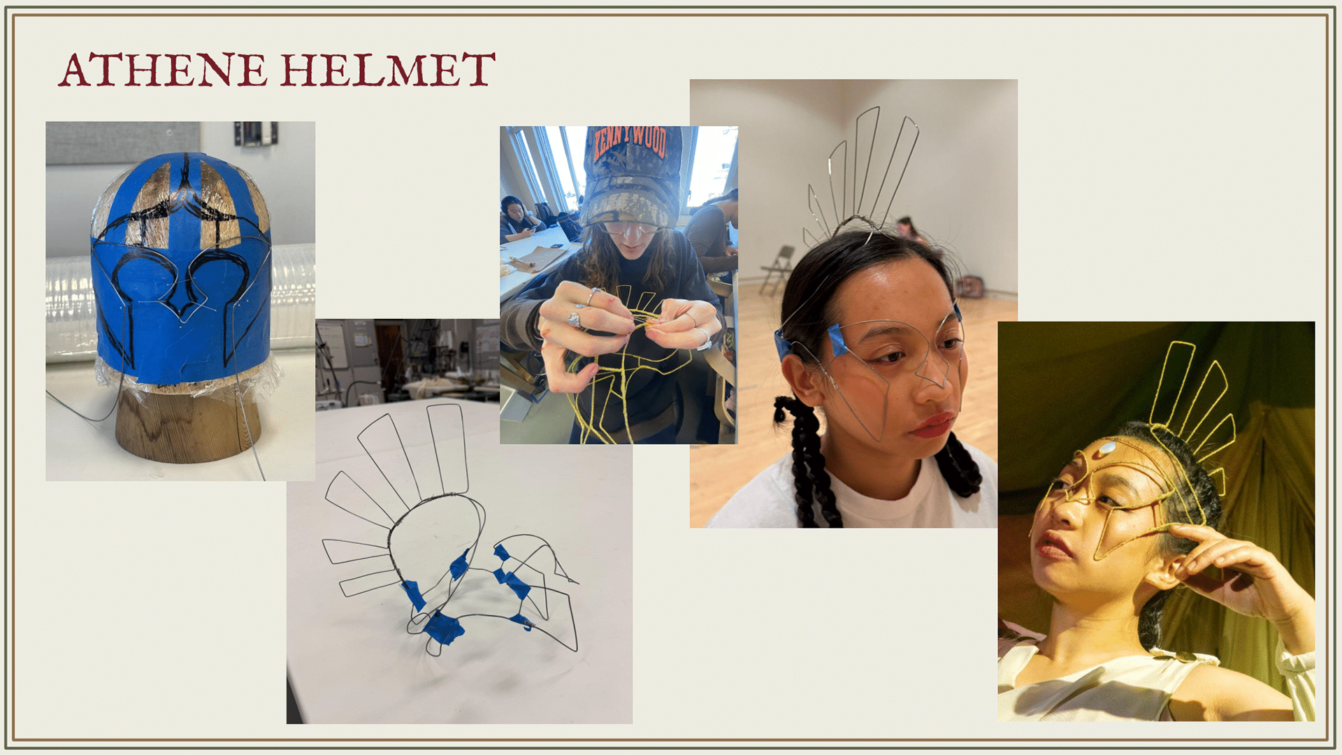 Wire structure inspired by Ancient Greek war helmet: sprung steel wire base wrapped in gold hercules braid