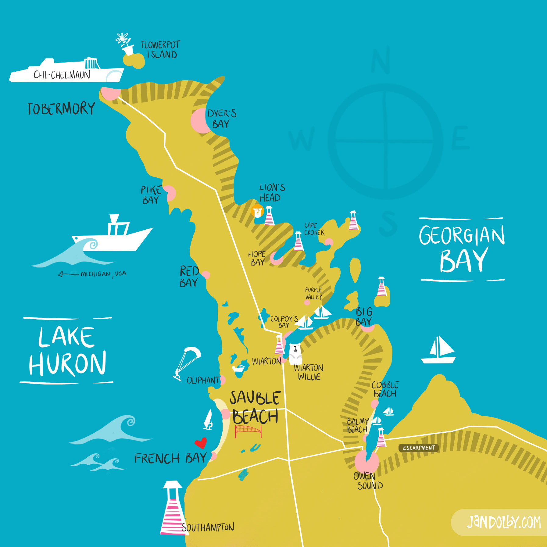 Grey Bruce map illustrated by Jan Dolby