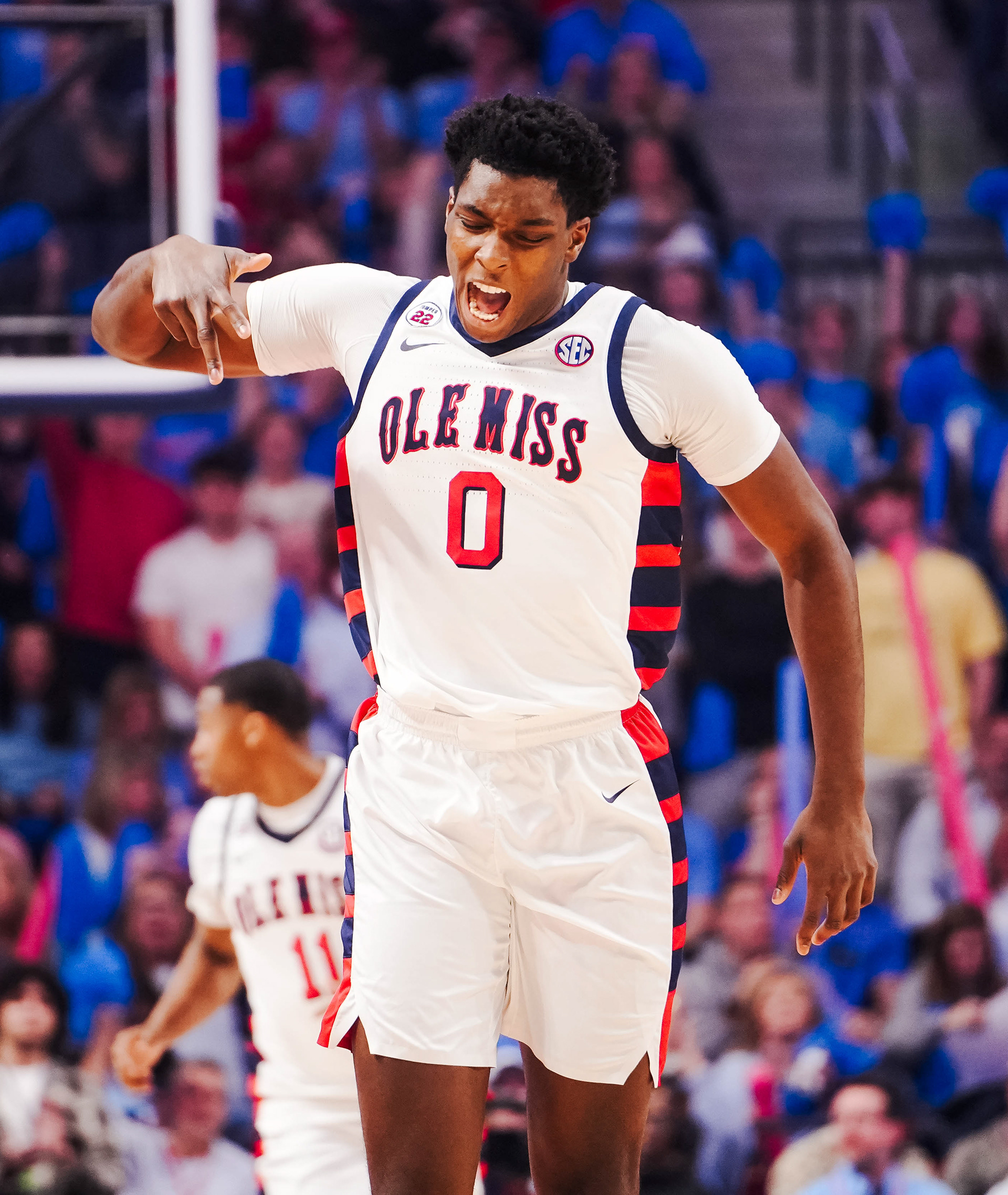 Malik Dia of Ole Miss celebrates after hitting a 3-pointer against Mississippi State [2/15/25]