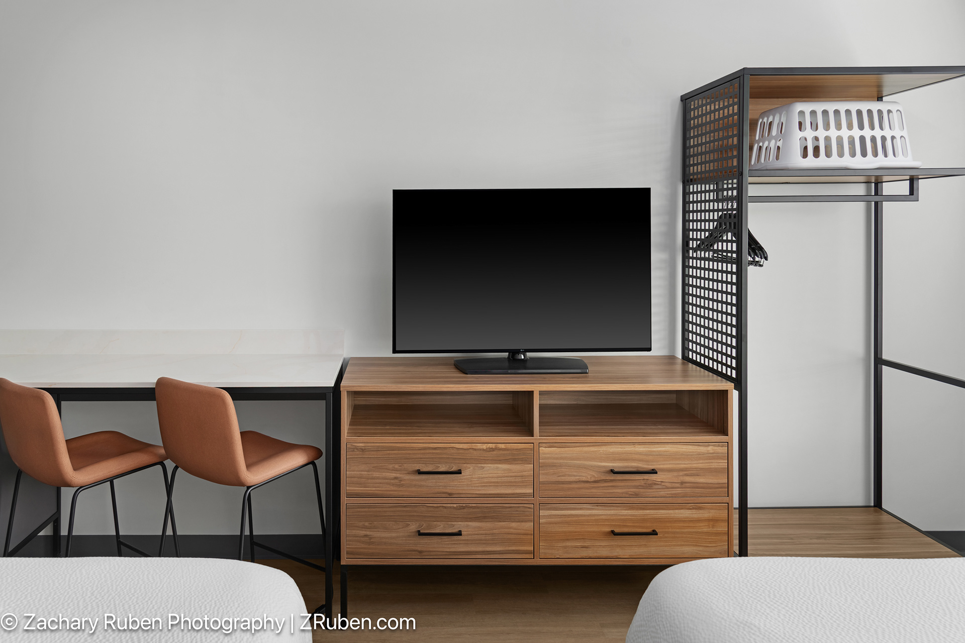 Two Queen TV and Desk Area at StudioRes Leland