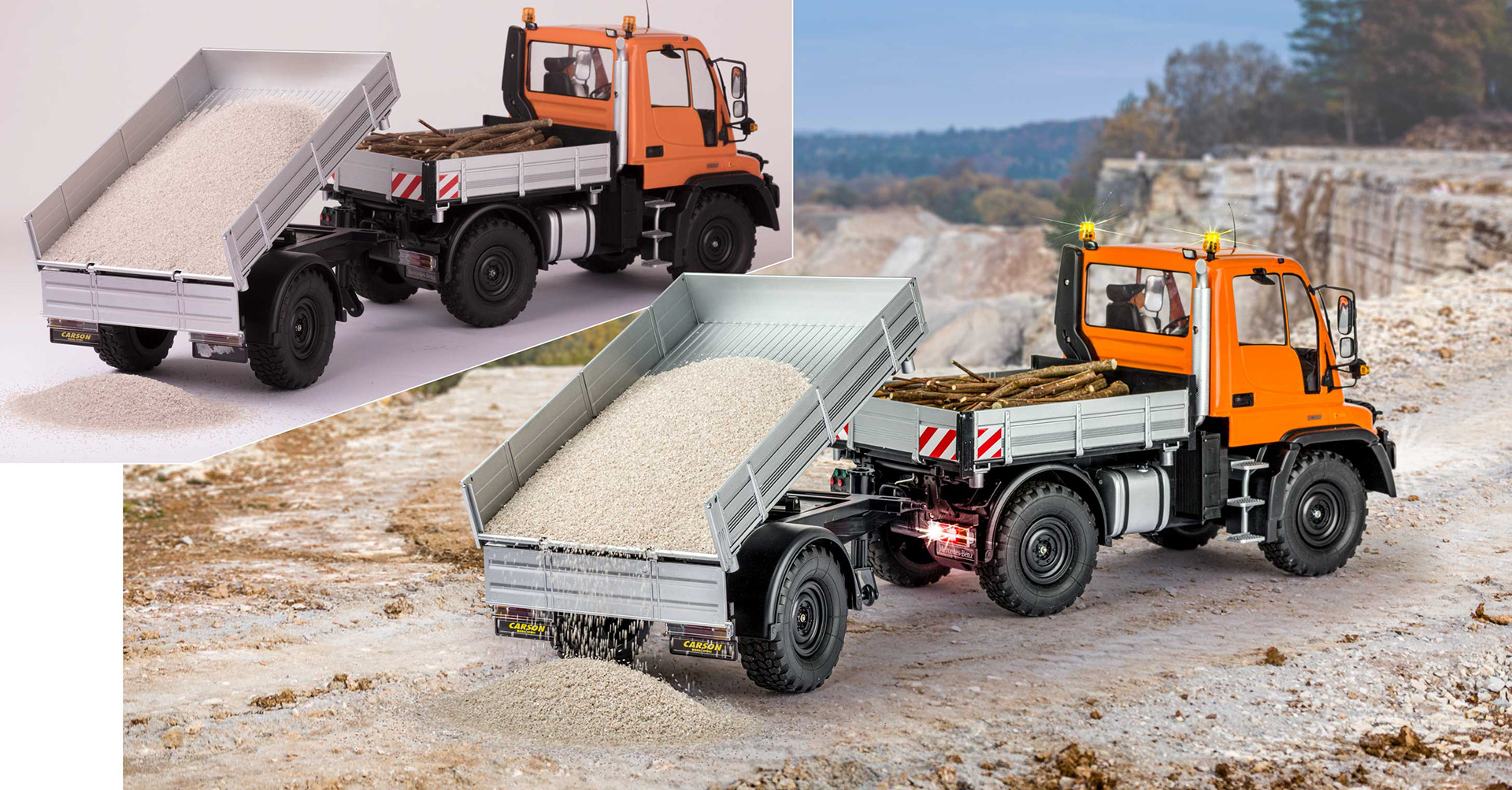 Fotostudio-Outdoor-Bildmontage, Carson Modellsport, MB Unimog U300 Orange 1:12 RC Modellauto, Einsatzfahrzeug