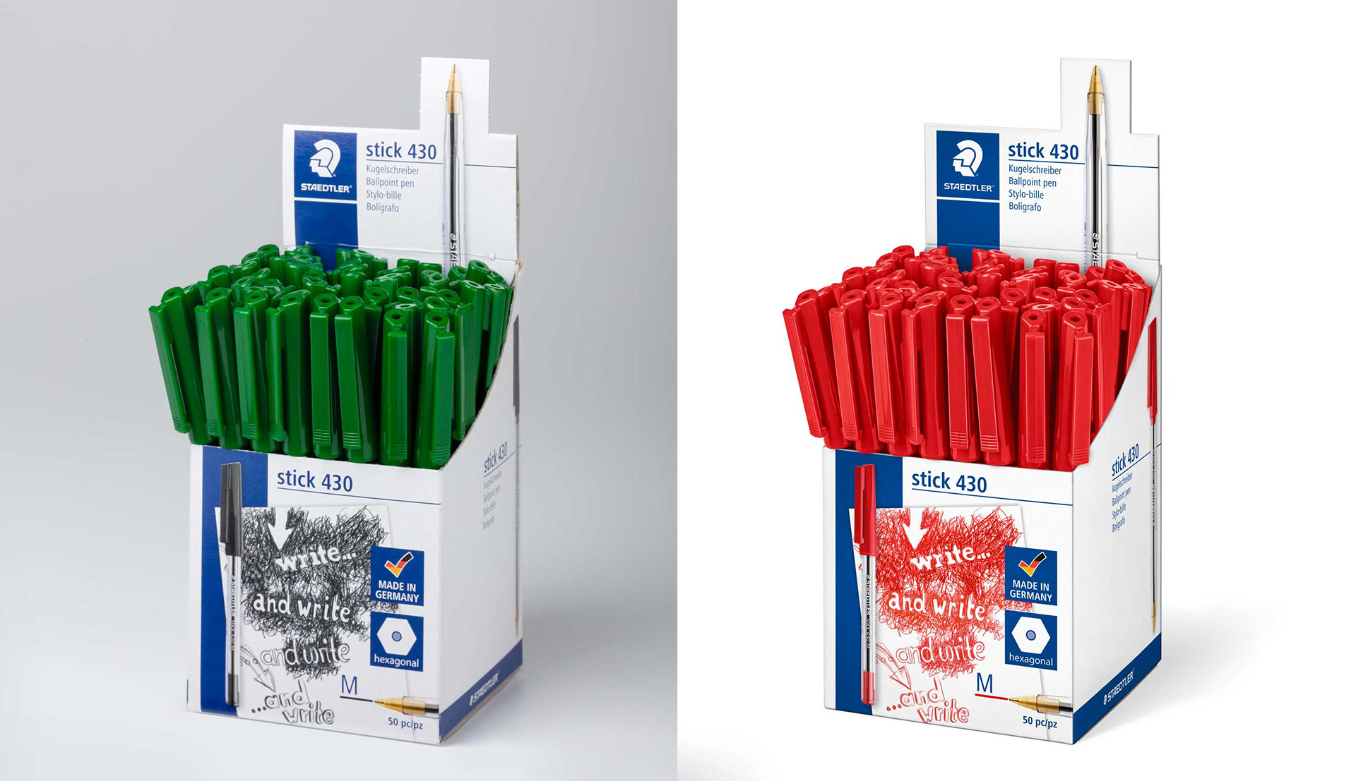 Staedtler, Stick, POS-Display, Bedruckung Wechsel, Umfärben, Montage, Produktbild, E-Commerce