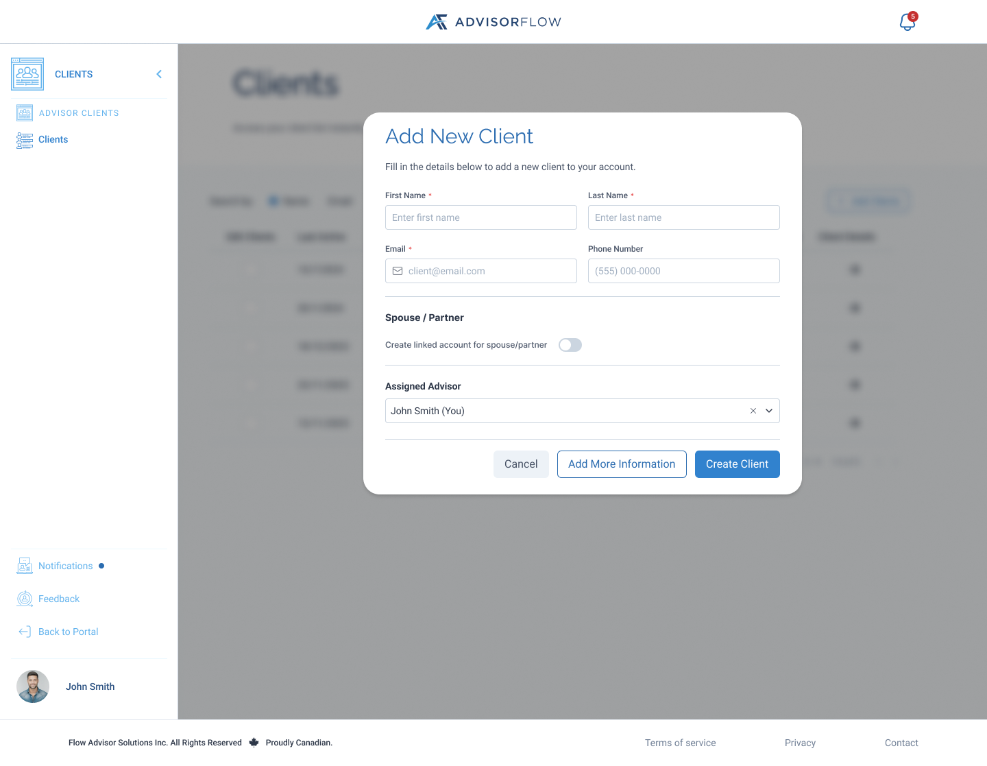 Quick client creation - Advisors can create a client with basic details or choose to add more information before completing setup.