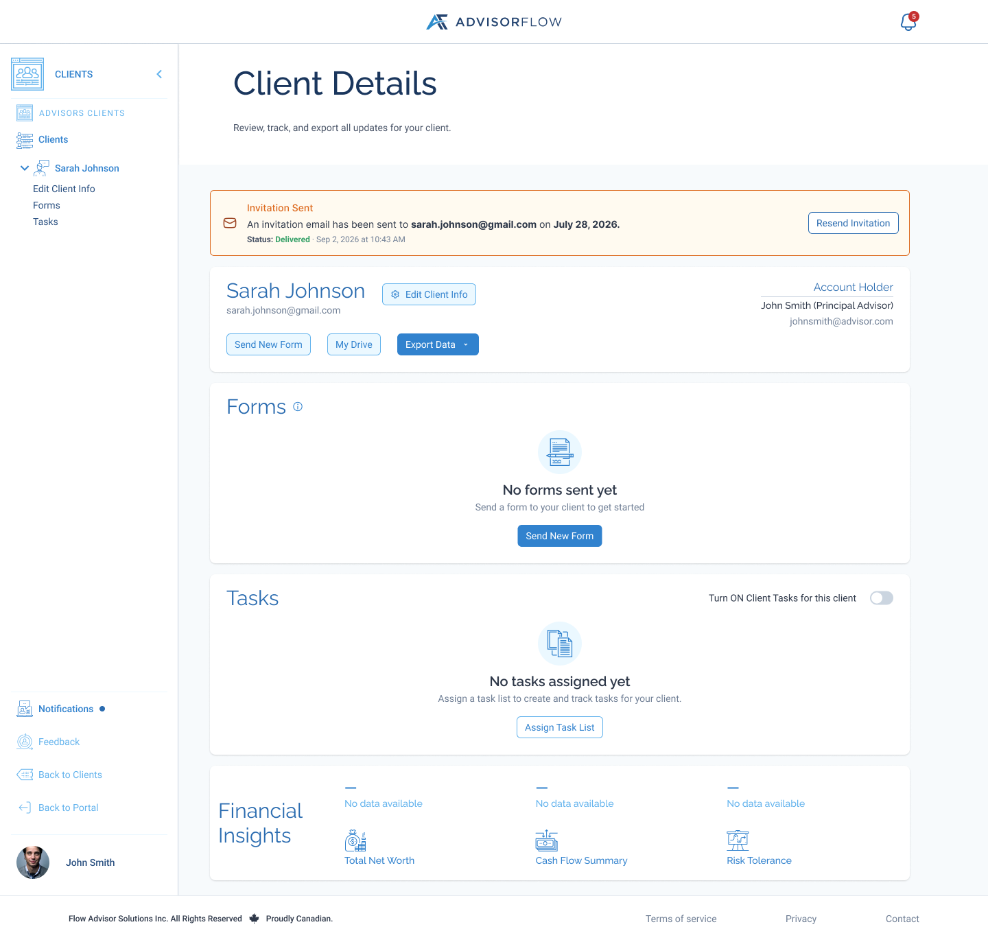 Client details and invitation status - Client Details provides a route back to profile editing, alongside invitation status and actions for forms and tasks.
