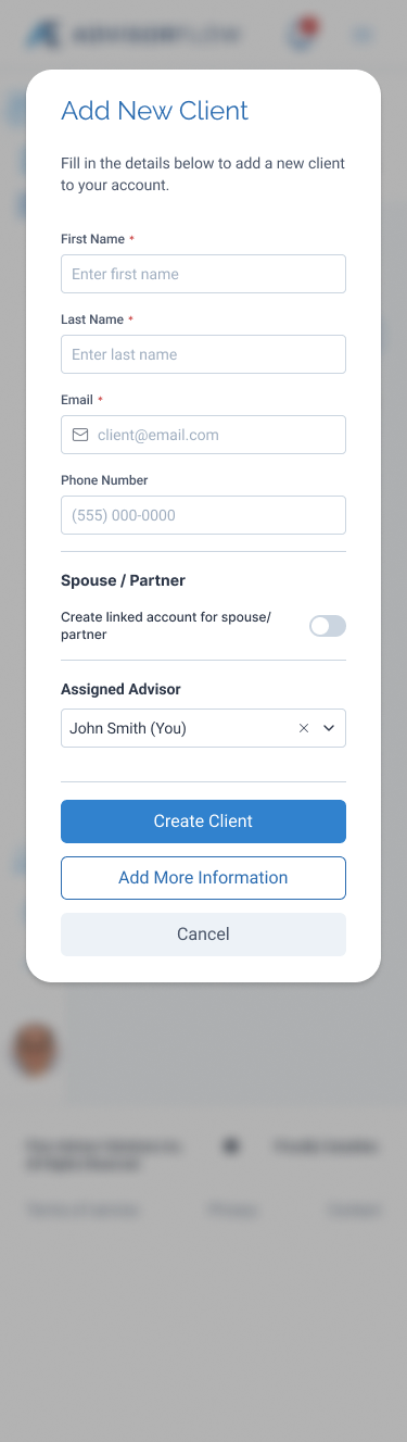 The mobile creation experience - On mobile, the creation form uses a single-column layout with stacked actions for creating a client or adding more information.